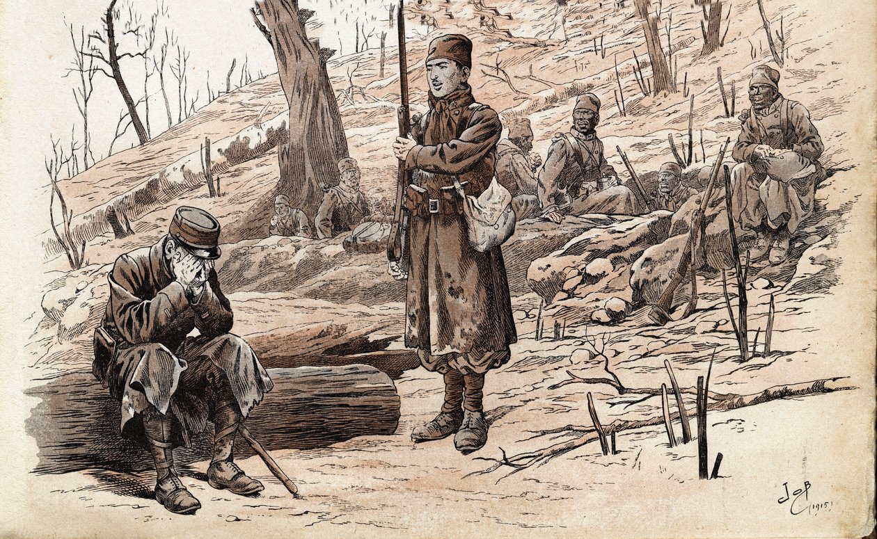 První světová válka 1914-1918: Infantryman voják a senegalští tirailleurs francouzské armády. Ilustrace Joba (Jacques Marie Gaston Onfray a Breville) (Jacques-Marie) (1858-1931) pro knihu „Les grands mots historique du pays de France“ 1915. Pri od pseudonym for Onfray de Breville Jacques Job