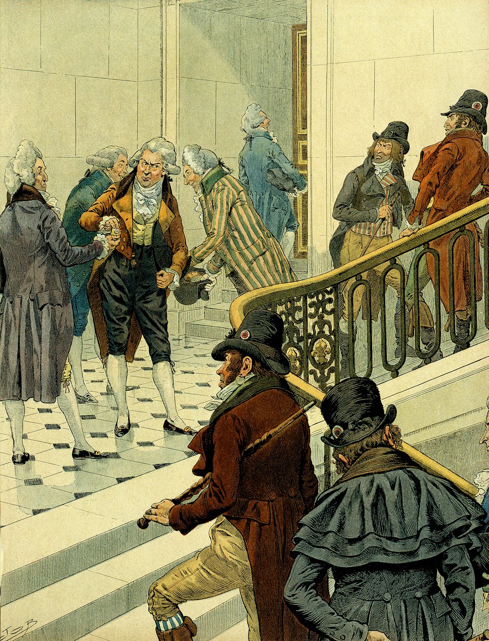 První impérium Napoleona I. Bonaparte (1769-1821): setkání mezi vracejícími se emigranty a bývalými revolucionáři na schodišti Tuileries. Ilustrace Jacques Marie Gaston Onfray de Breville dit JOB (1858-1931). Soukromá sbírka od pseudonym for Onfray de Breville Jacques Job