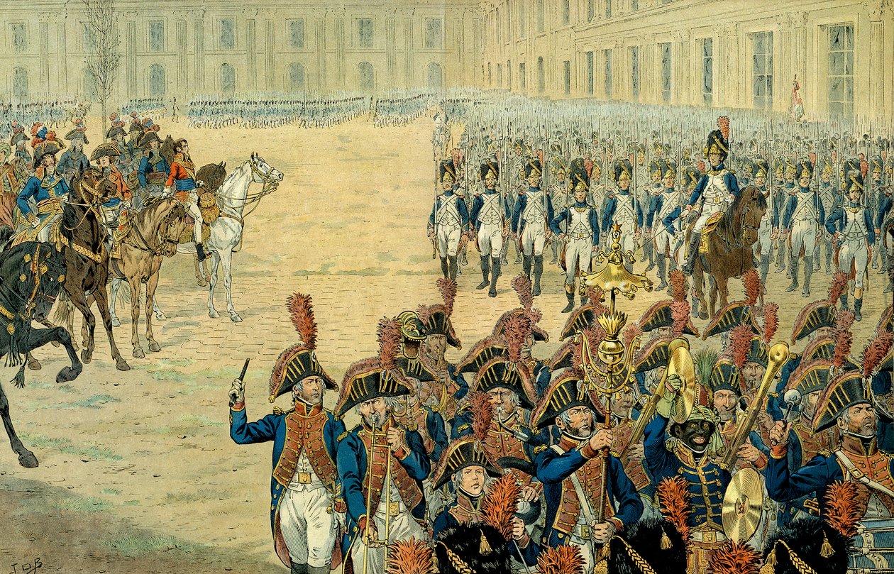 První recenze konzulární stráže na nádvoří Tuileries od Napoleona I. Bonaparta (1769-1821). Po přijetí ústavy v roce 1800 vláda opustila Peer-Lucembursko, aby se usadila v Tuileries. V den jeho instalace byla Fi od pseudonym for Onfray de Breville Jacques Job