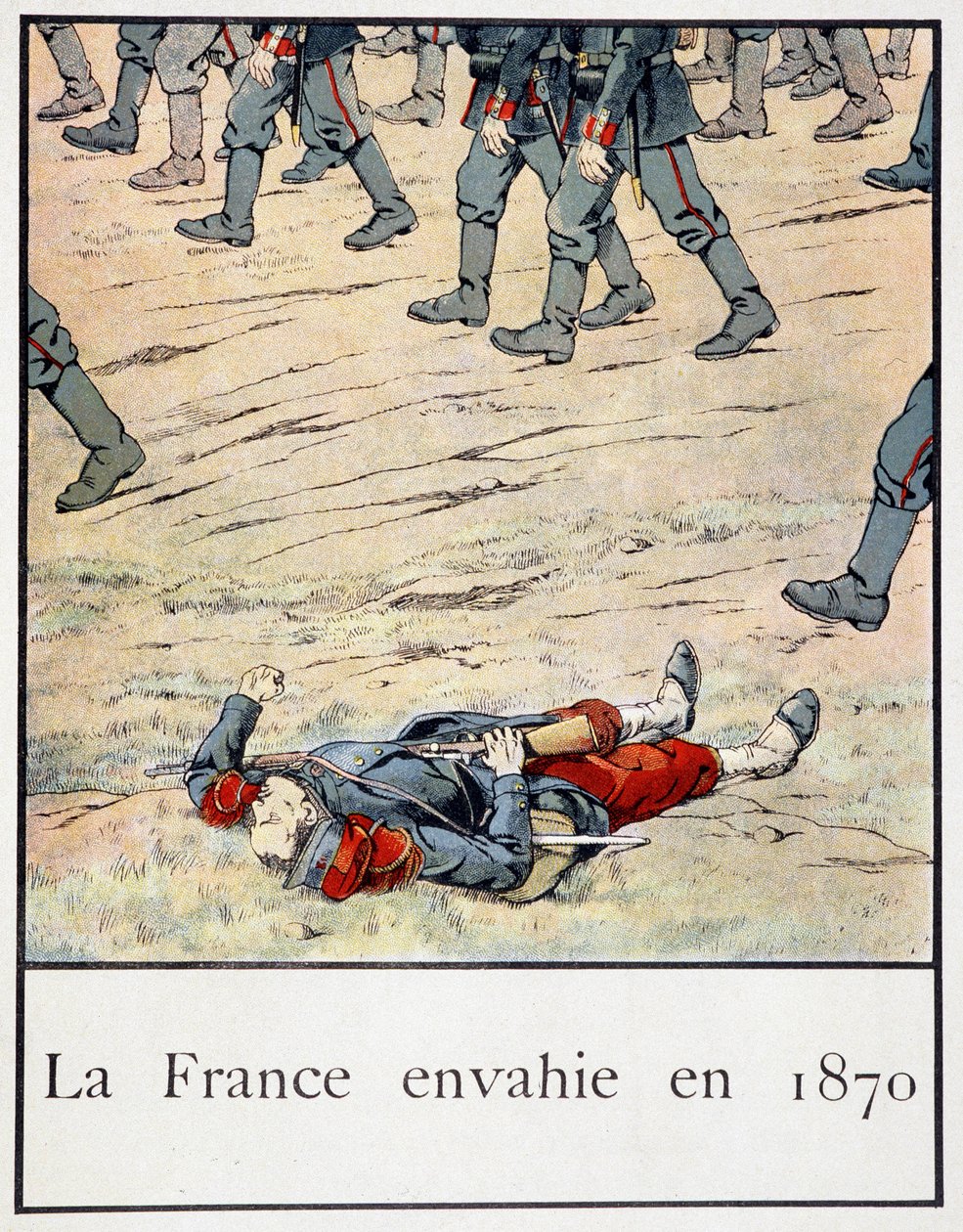 Francie napadla v roce 1870 (voják mrtvý na bitevním poli) - v „“ Petite histoire de France“ od Jacquese Bainvilla, ed. Hříva od pseudonym for Onfray de Breville Jacques Job