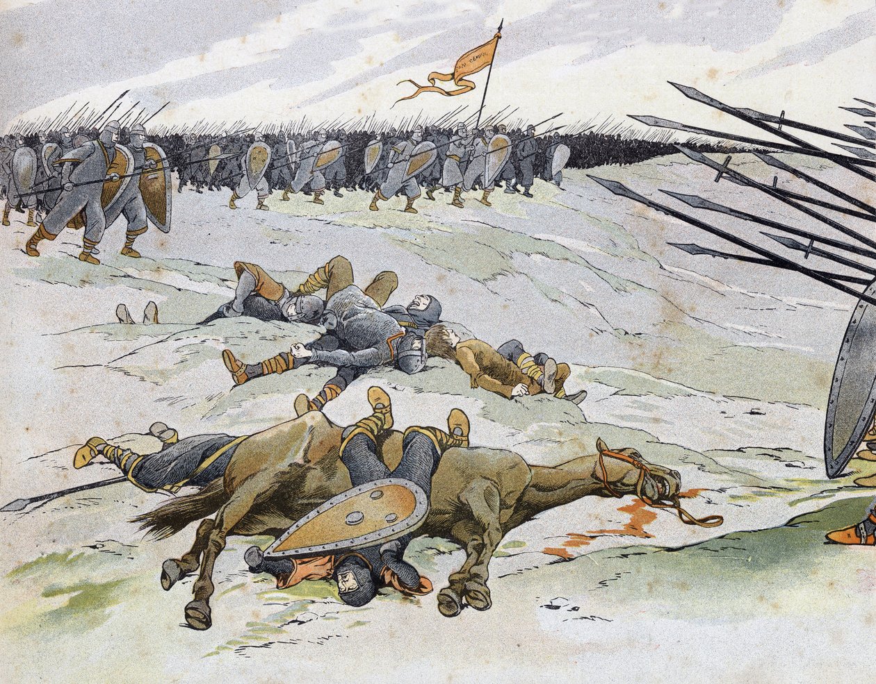 Francouzsko-anglická válka (1202-1214): vojáci, kteří zemřeli v bitvě u Bouvines dne 27. 7. 1214, která se postavila proti francouzské armádě Philippe Auguste Vlámům a Welfům z Othonu IV. ve „Francii, její příběh vyprávěný G. Montorgueilem, imagee by Job““ od pseudonym for Onfray de Breville Jacques Job