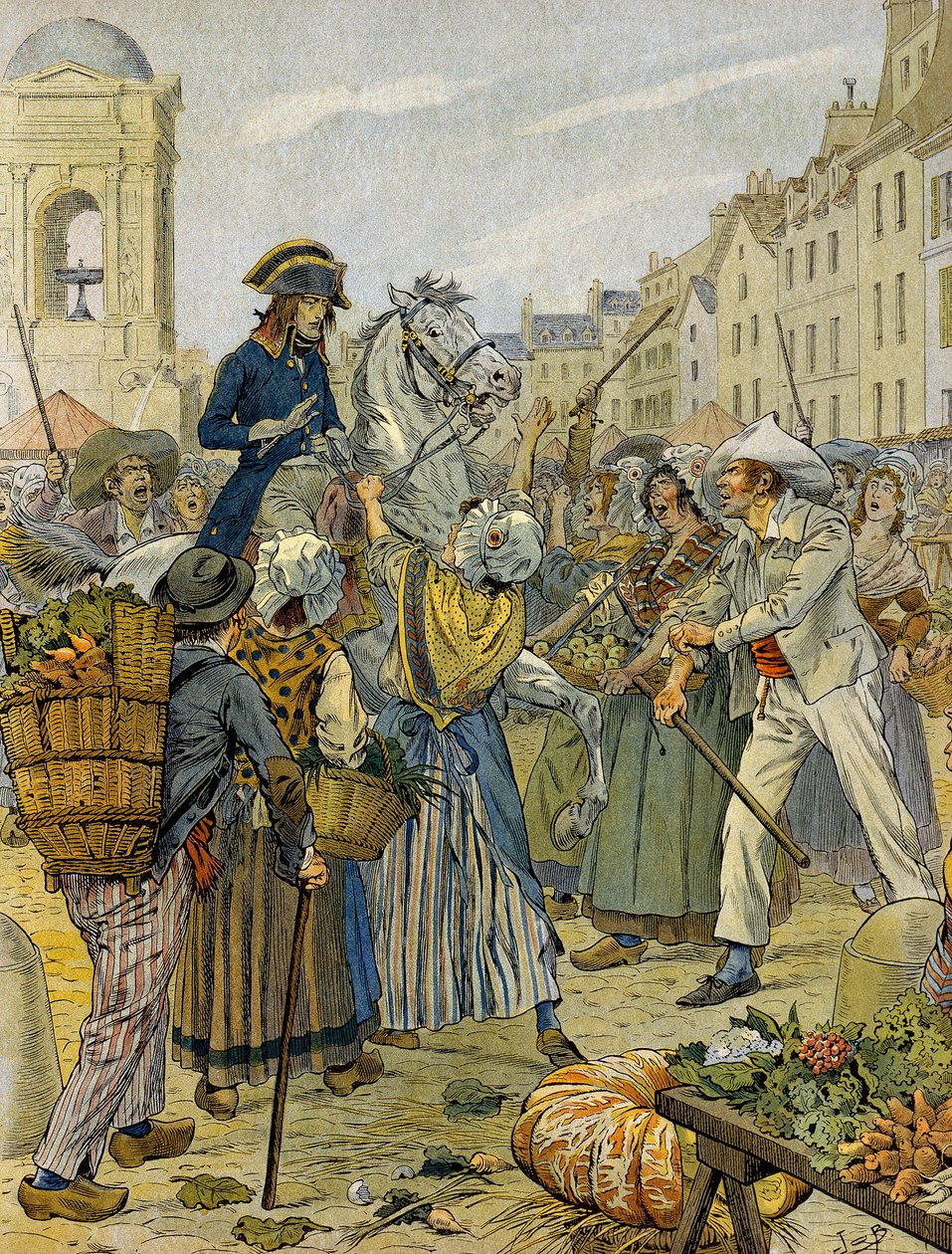 Francouzská revoluce 1789: Napoleon I. Bonaparte (1769-1821) se postavil na stranu revolučního obyvatelstva a bez kalhotek (bez kalhotek) v Les Halles. Ilustrace Jacques Marie Gaston Onfray de Breville dit JOB (1858-1931). Soukromá sbírka od pseudonym for Onfray de Breville Jacques Job