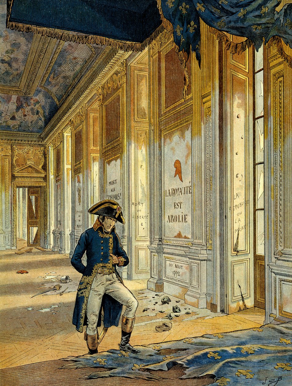 Francouzská revoluce 1789: Napoleon I. Bonaparte (1769-1821) v trůnním sále v paláci Tuileries po průchodu revolucionářů, kteří toto místo vyplenili. Na zdi je napsáno: "Království je zrušeno." Ilustrace Jacques Marie Gaston Onfray od pseudonym for Onfray de Breville Jacques Job
