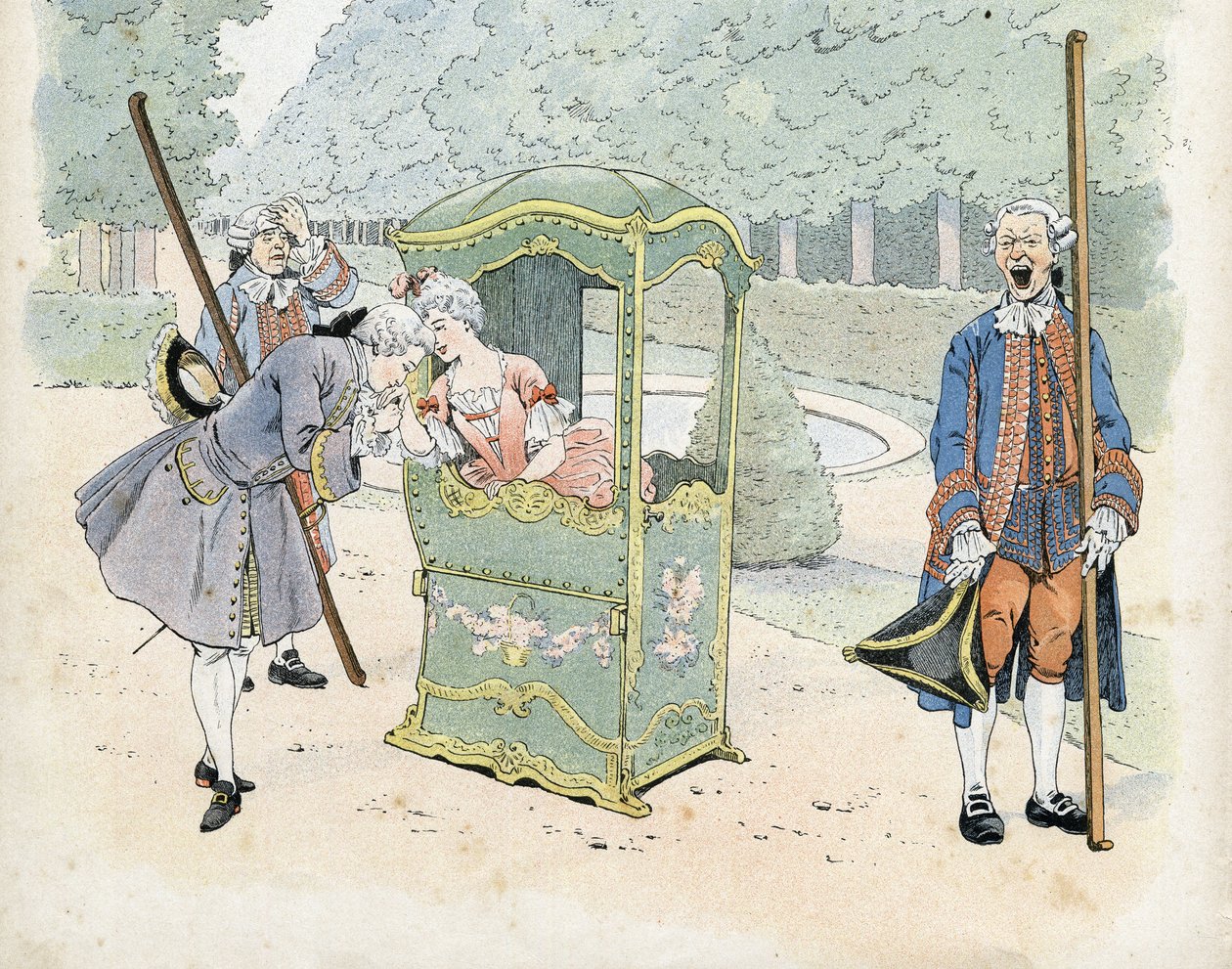 Francouzská galantnost v 18. století: mladý muž políbí ruku ženě na invalidním vozíku. ve „Francii, jeho příběh vyprávěný G. Montorgueilem, image ed by Job““ 1896. Soukromá sbírka. od pseudonym for Onfray de Breville Jacques Job