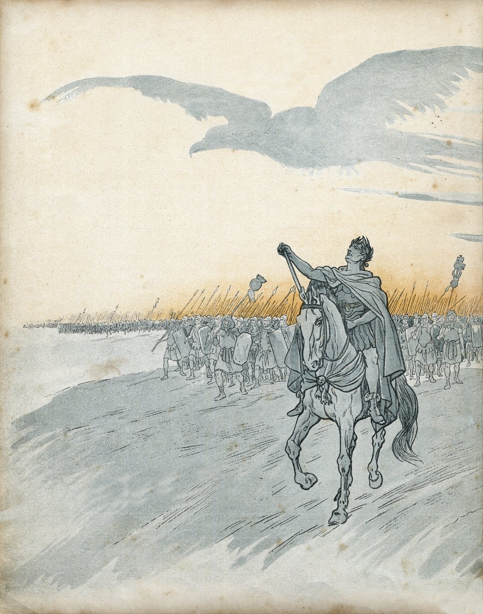 Galská válka: Gaius Julius Caesar (tehdy Jules cesar) (100-44 př. n. l.) a jeho armáda napadají Galii. Na obloze se objevuje stín orla, symbolu římské říše. ve „Francii, jeho příběh vyprávěný G. Montorgueilem, vyobrazený Jobem““ 1896. Soukromá sbírka. od pseudonym for Onfray de Breville Jacques Job