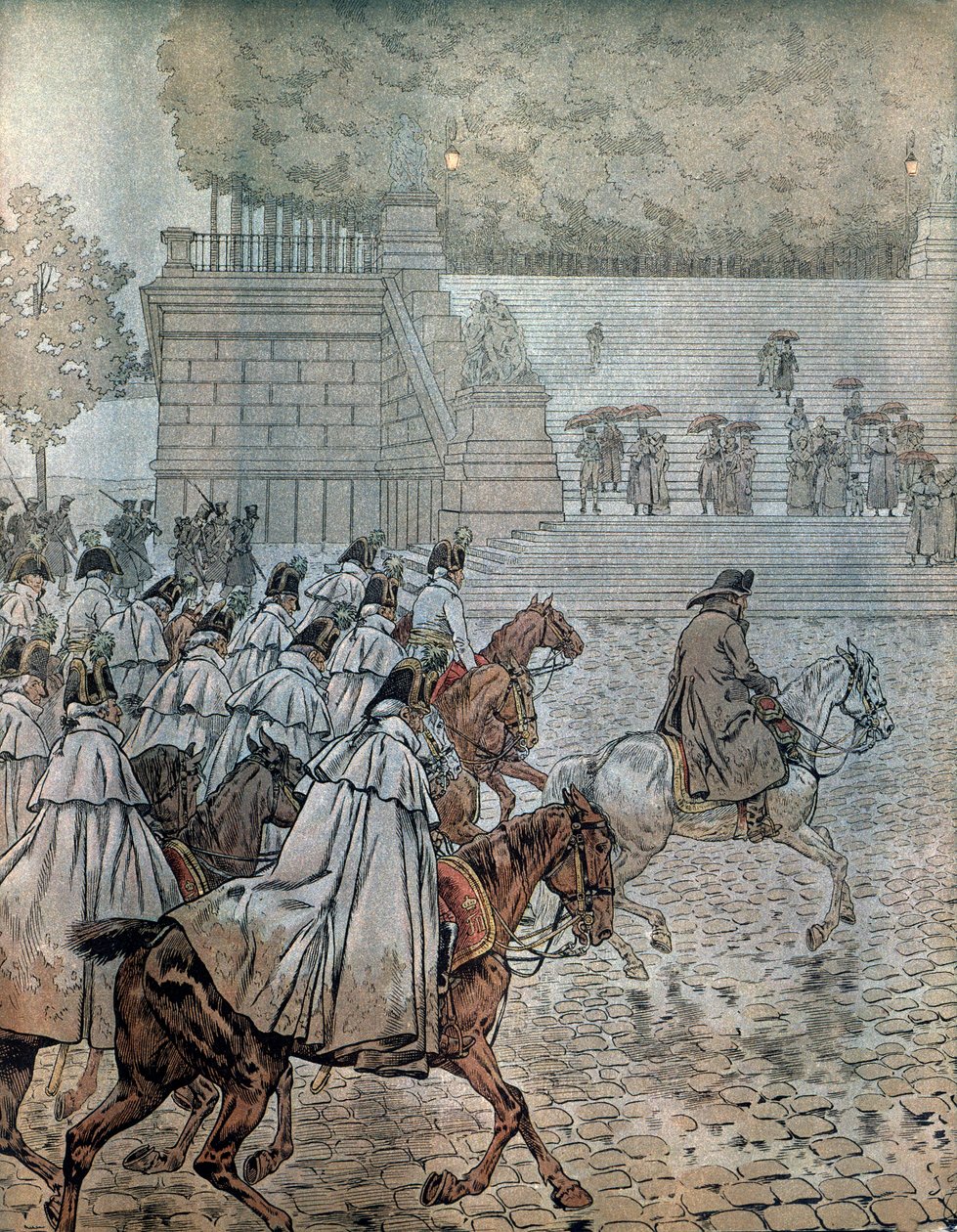 Německé tažení v roce 1813: Napoleon I. Bonaparte (1769-1821) a jeho generální štáb (štáb) se po vítězství v bitvě 26. a 27. srpna vrátili do Drážďan. Ve filmu „Napoleon“ od Georgese Montorgueila. Ilustrace Jacques Marie Gaston Onfray de Breville dit J od pseudonym for Onfray de Breville Jacques Job