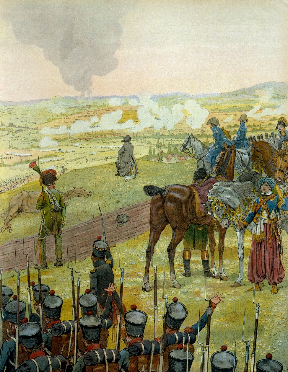 Německé tažení v roce 1813: Napoleon I. Bonaparte (1769-1821) sedící na bubnu refllechi ke své bojové strategii během bitvy u Budyšína 20. a 21. května 1813. V „Napoleon“ od Georgese Montorgueila. Ilustrace Jacques Marie Gaston Onfray de Brevill od pseudonym for Onfray de Breville Jacques Job