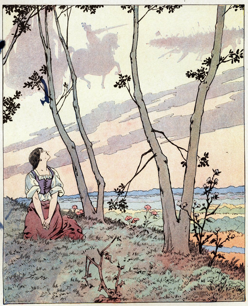 Jdi do Orleansu a posvěť krále do Remeše. Slova, která slyšela Johanka z Arku (1412-1431), když byla pastýřem v Lotrinsku. Ilustrace Joba (Jacques Marie Gaston Onfray a Breville) (Jacques-Marie) (1858-1931) pro knihu „Les grands mots historiques d od pseudonym for Onfray de Breville Jacques Job
