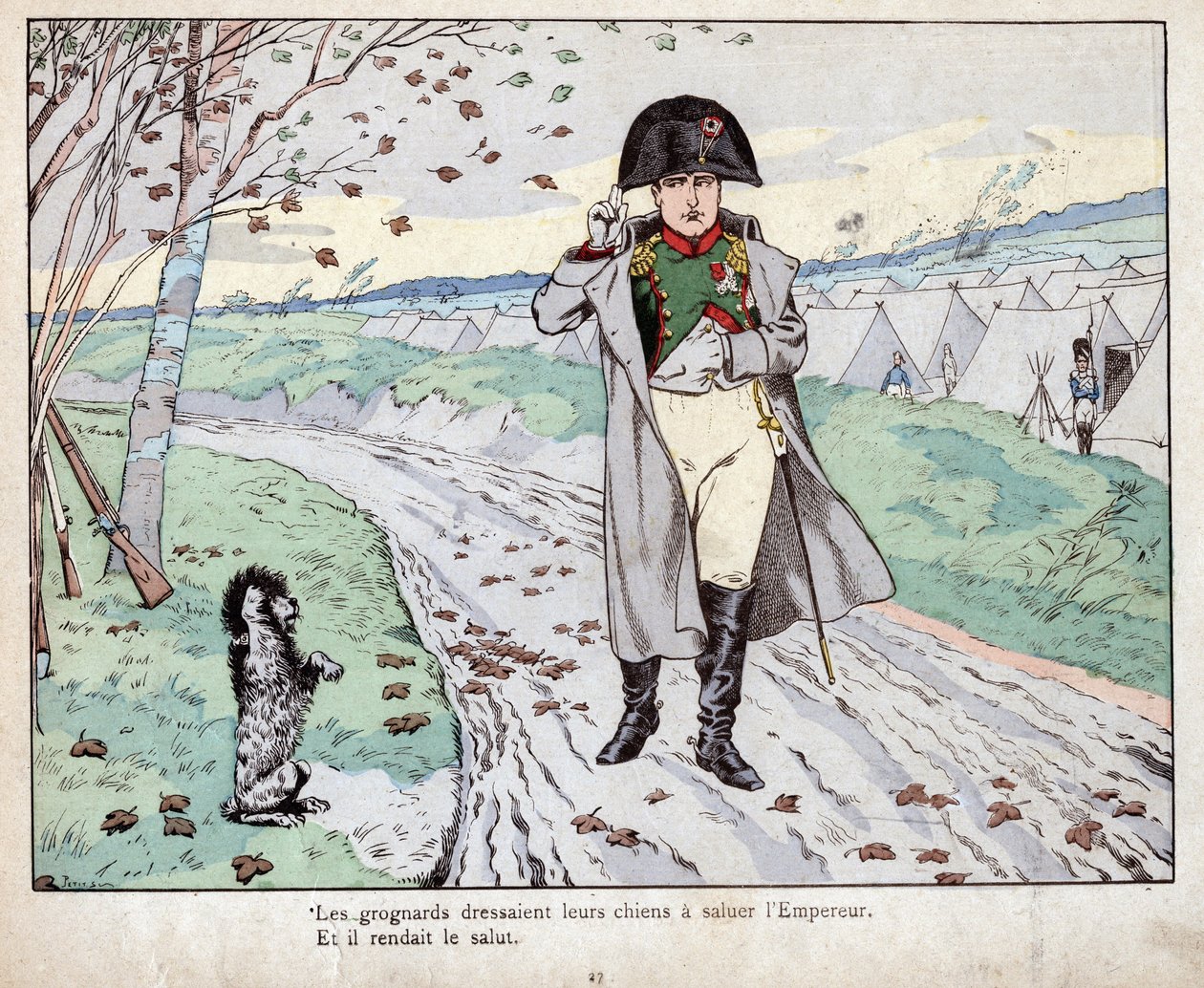 Grognardové (stará garda Napoleona Bonaparta) cvičili své psy, aby zdravili císaře - litografie Joba (Jacques Onfroy de Breville) z „“Le Grand Napoleon des Petites Enfants“““ 1893 od pseudonym for Onfray de Breville Jacques Job