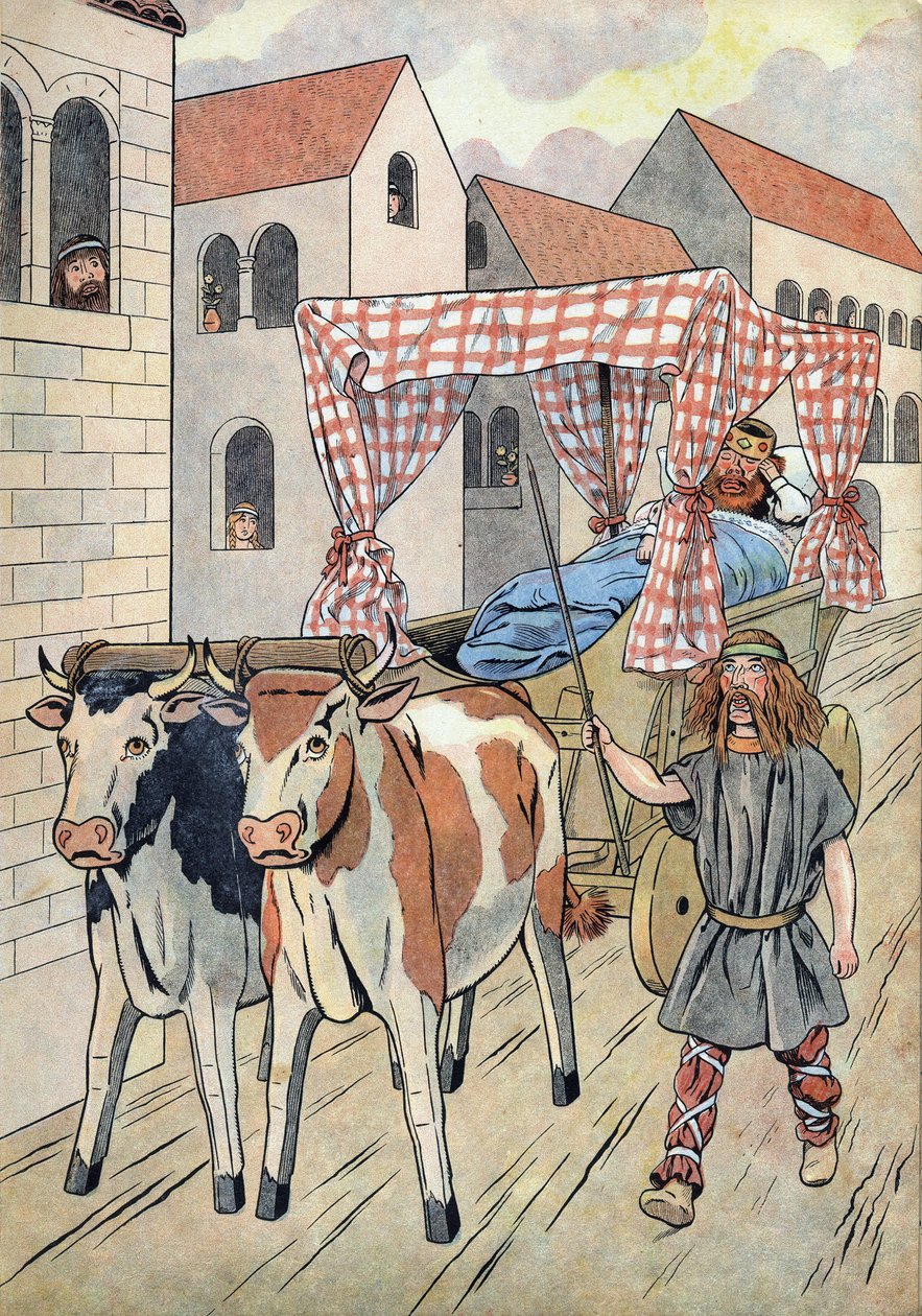 Dějiny Francie. Scéna zobrazující líné krále v hračkách: Francouzský král Thierry III. (673-691) nese v nádrži s postelí taženou voly. V “” Joujoux a l