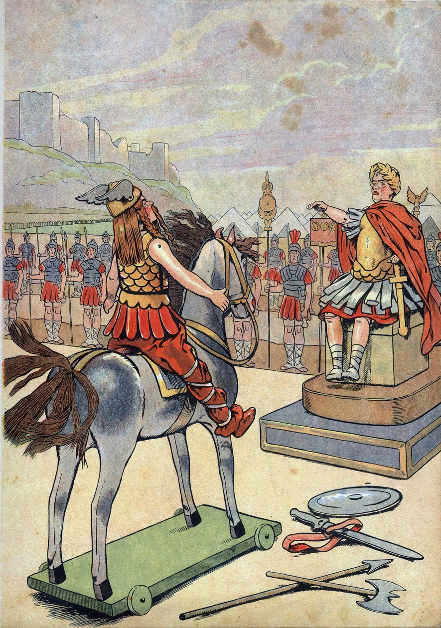 Dějiny Francie. Scéna římské Galie s hračkami: galský vůdce Vercingetorix (72-46 př. n. l.) jdoucí za římským náčelníkem Julesem Cesarem (100-44 př. n. l.) po bitvě u Alesie v roce 52 př. n. l. v „“ Pojďme si hrát na historii: Francie inscenovaná s Joujoux od pseudonym for Onfray de Breville Jacques Job