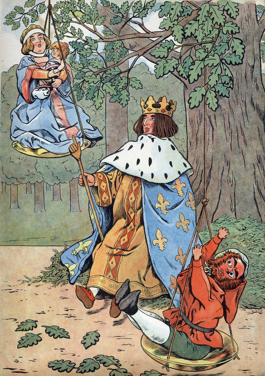 Dějiny Francie. Scéna ze života Saint Louis v hračkách: Král Ludvík IX. známý jako Saint Louis (1214-1270) podávající spravedlnost na úpatí dubu. V “” Joujoux a l