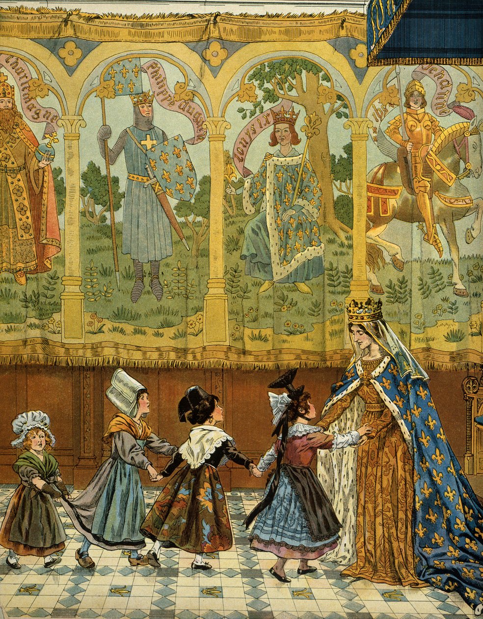Historie Francie ve středověku (středověk): Alegorie francouzských provincií doložená korunou Francie za vlády krále Ludvíka XI. zvaného Prudent (1423-1483). Ilustrace Jacques Marie Gaston Onfray de Breville dit JOB (1858-1931 od pseudonym for Onfray de Breville Jacques Job
