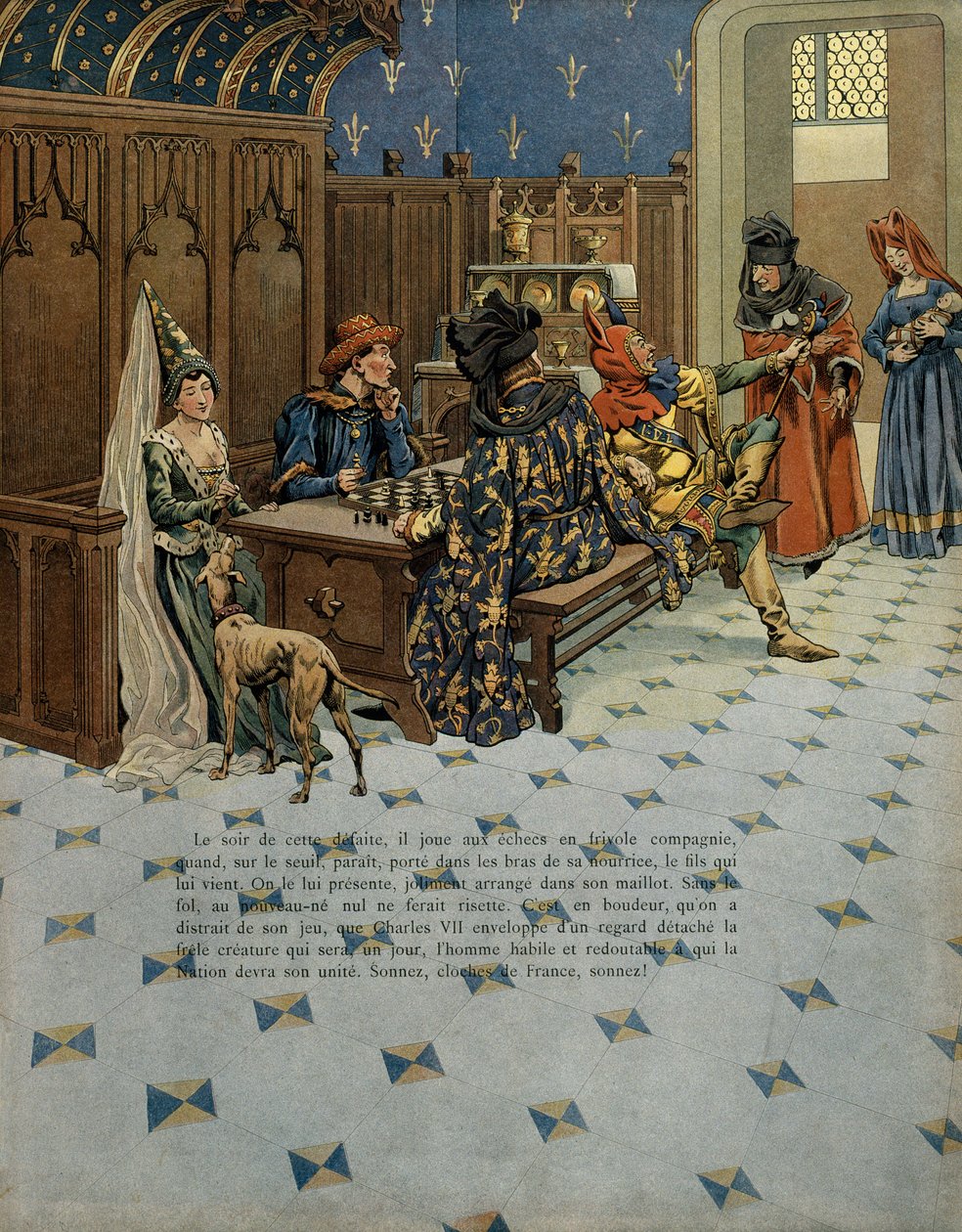 Dějiny Francie ve středověku (středověk): Narození Ludvíka (tehdejšího krále Francie Ludvíka XI zvaného Rozvážný (1423-1483) Je přítomen svému otci králi Karlu VII. (1403-1461) Ilustrace Jacques Marie Gaston Onfray de Breville dit JOB (1858 od pseudonym for Onfray de Breville Jacques Job