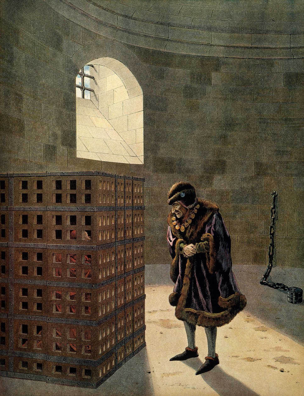 Historie Francie ve středověku (středověk): Kardinál Jean Balue (1422-1491) vězeň v jedné ze slavných klecí francouzského krále Ludvíka XI. zvaného Rozvážný (1423-1483) Ilustrace Jacquese Marie Gaston Onfray de Breville dit JOB (1858-1931) od pseudonym for Onfray de Breville Jacques Job