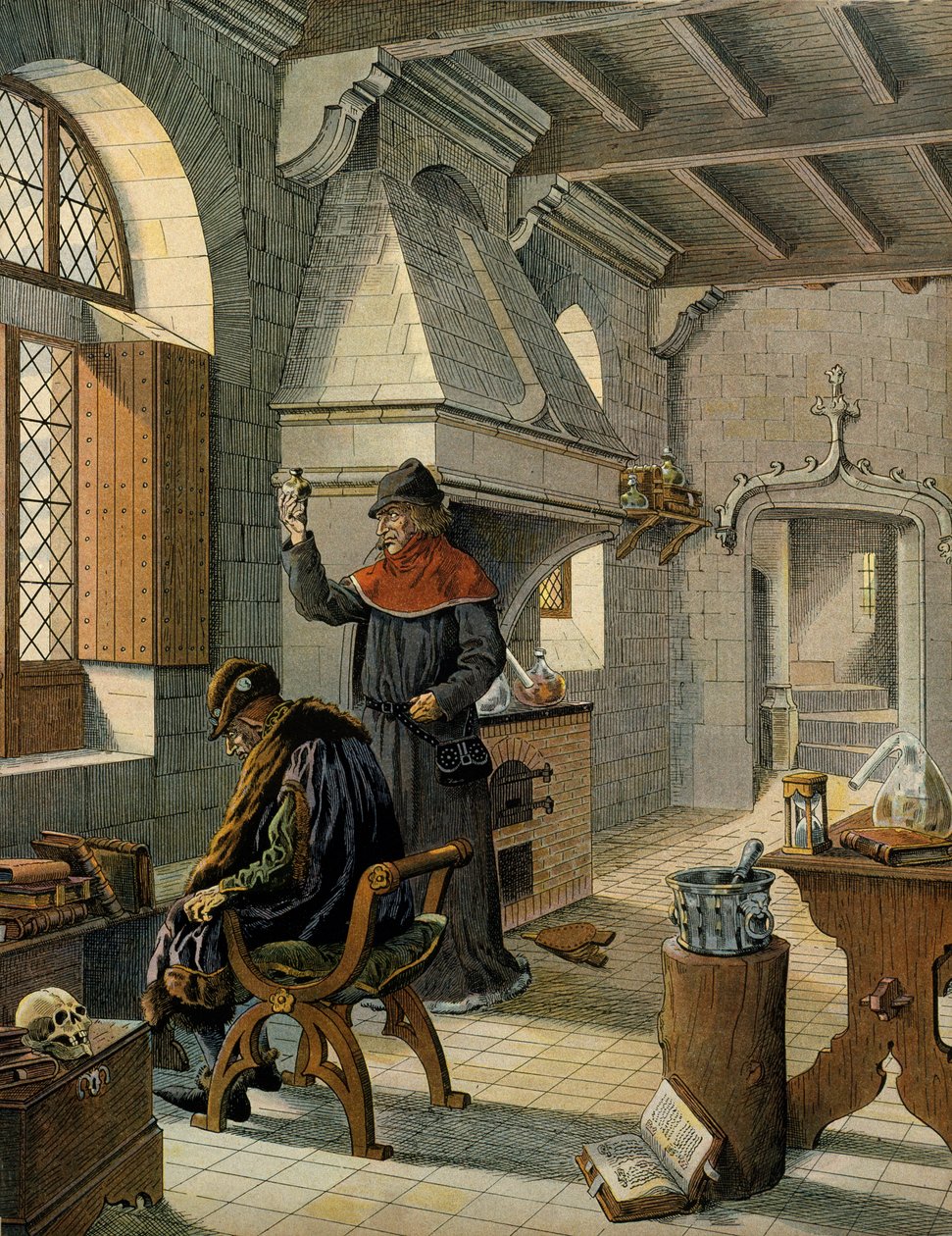 Historie Francie ve středověku (středověk): Jacques Coictier, první lékař francouzského krále Ludvíka XI. zvaný Rozvážný (1423-1483), připravující pro něj lék. Ilustrace Jacques Marie Gaston Onfray de Breville dit JOB (1858-1931) od pseudonym for Onfray de Breville Jacques Job