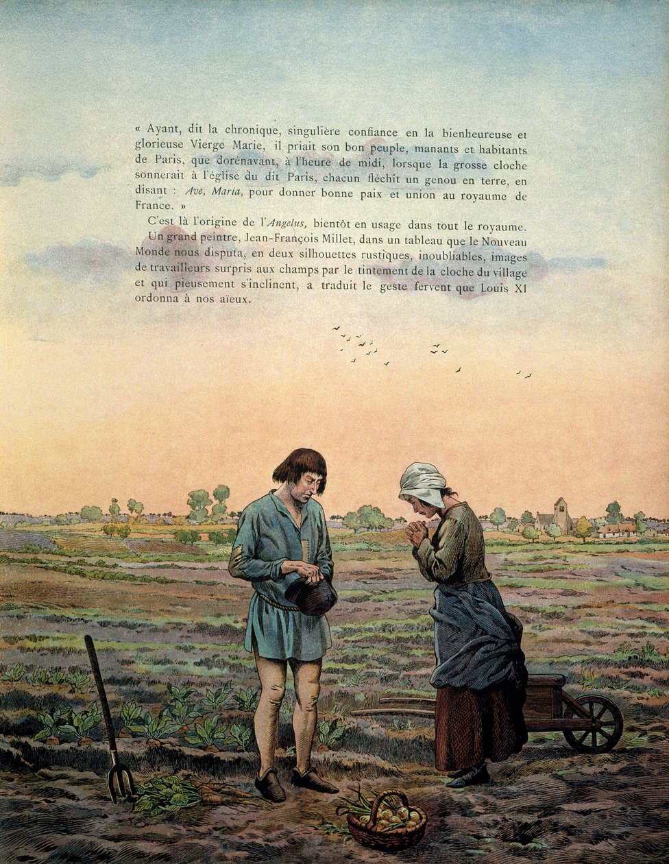 Historie Francie ve středověku (středověk): Král Ludvík XI. říká, že Rozvážný (1423-1483) zavádí modlitbu anděla. Ilustrace Jacques Marie Gaston Onfray de Breville dit JOB (1858-1931) od pseudonym for Onfray de Breville Jacques Job