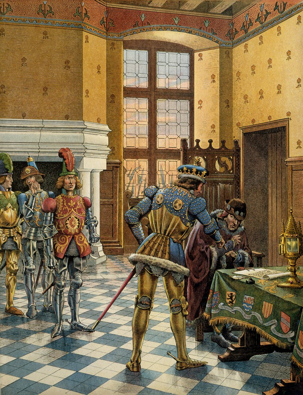 Dějiny Francie ve středověku (středověk): Peronnův rozhovor mezi 9. a 14. říjnem 1468 mezi králem Ludvíkem XI. řekl Rozvážný (1423-1483) a Karlem Temerairem (1433-1477) Ilustrace Jacques Marie Gaston Onfray z Breville tzv. JO od pseudonym for Onfray de Breville Jacques Job