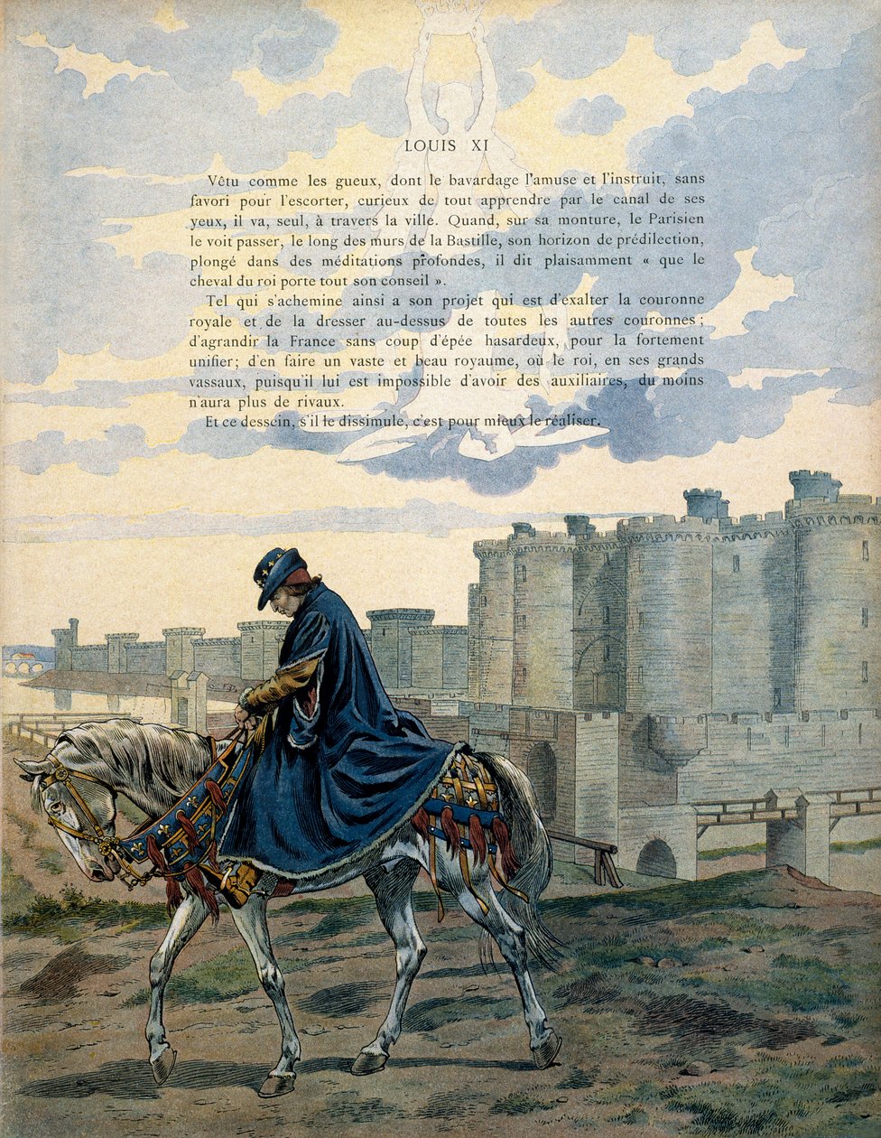 Historie Francie ve středověku (středověk): Francouzský král Ludvík XI. zvaný Rozvážný (1423-1483) prochází ulicemi Paříže a před věznicí Bastille bez ozdob a doprovodu. Ilustrace Jacques Marie Gaston Onfray od pseudonym for Onfray de Breville Jacques Job
