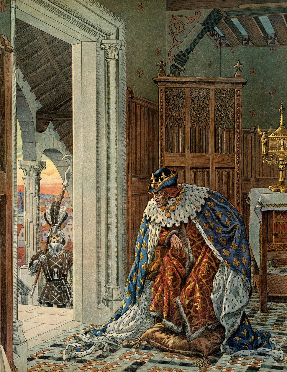 Historie Francie ve středověku (středověk): Francouzský král Ludvík XI. říká, že Rozvážný (1423-1483) se bojí smrti přicházející v brnění na prahu. Ilustrace Jacques Marie Gaston Onfray de Breville dit JOB (1858-1931) od pseudonym for Onfray de Breville Jacques Job