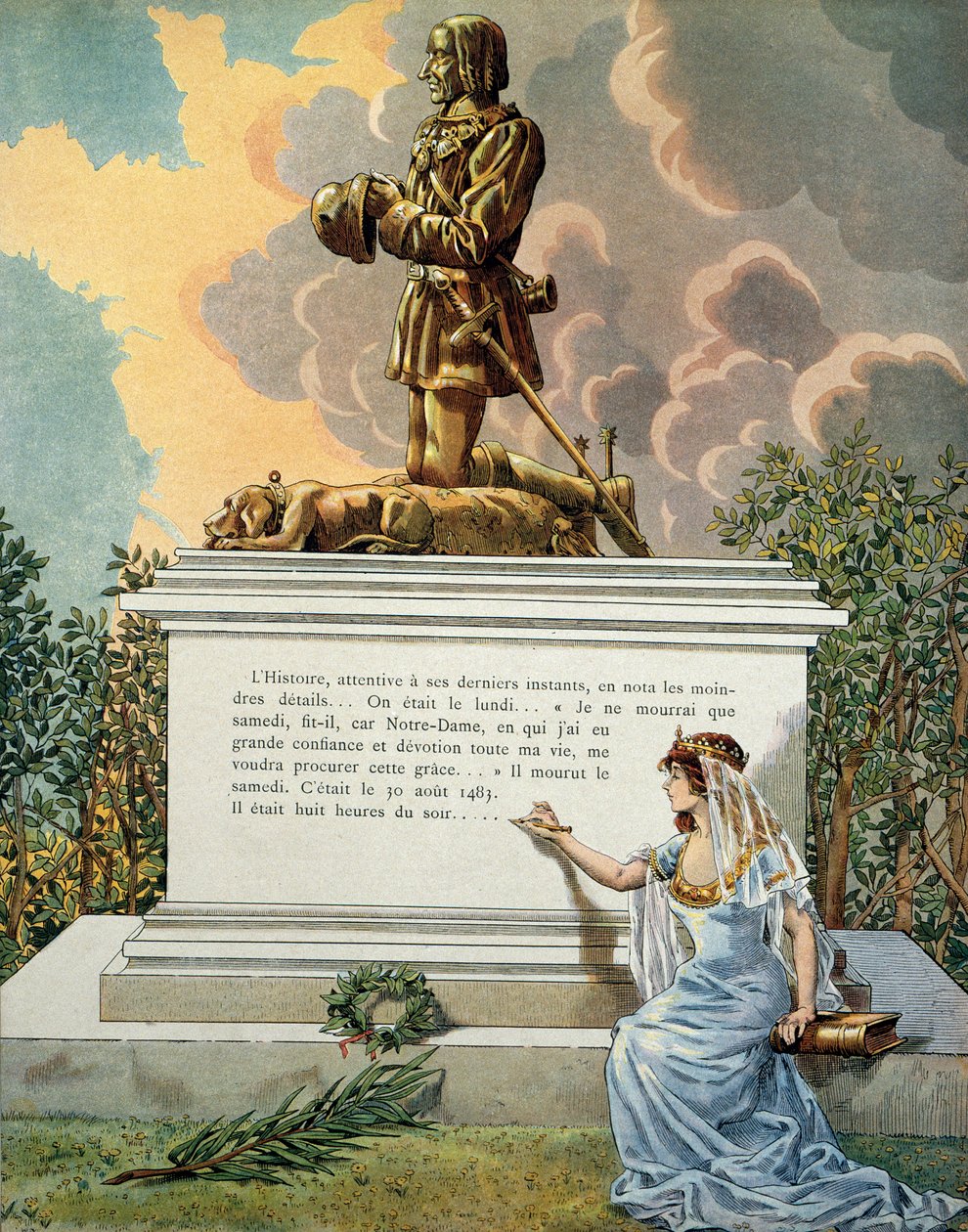 Historie Francie ve středověku (středověk): Hrob francouzského krále Ludvíka XI. zvaného Rozvážný (1423-1483) v Notre Dame de Clery (Notre-Dame-de-Clery), údolí Loiry. Ilustrace Jacques Marie Gaston Onfray de Breville dit JOB (1858-1931) od pseudonym for Onfray de Breville Jacques Job