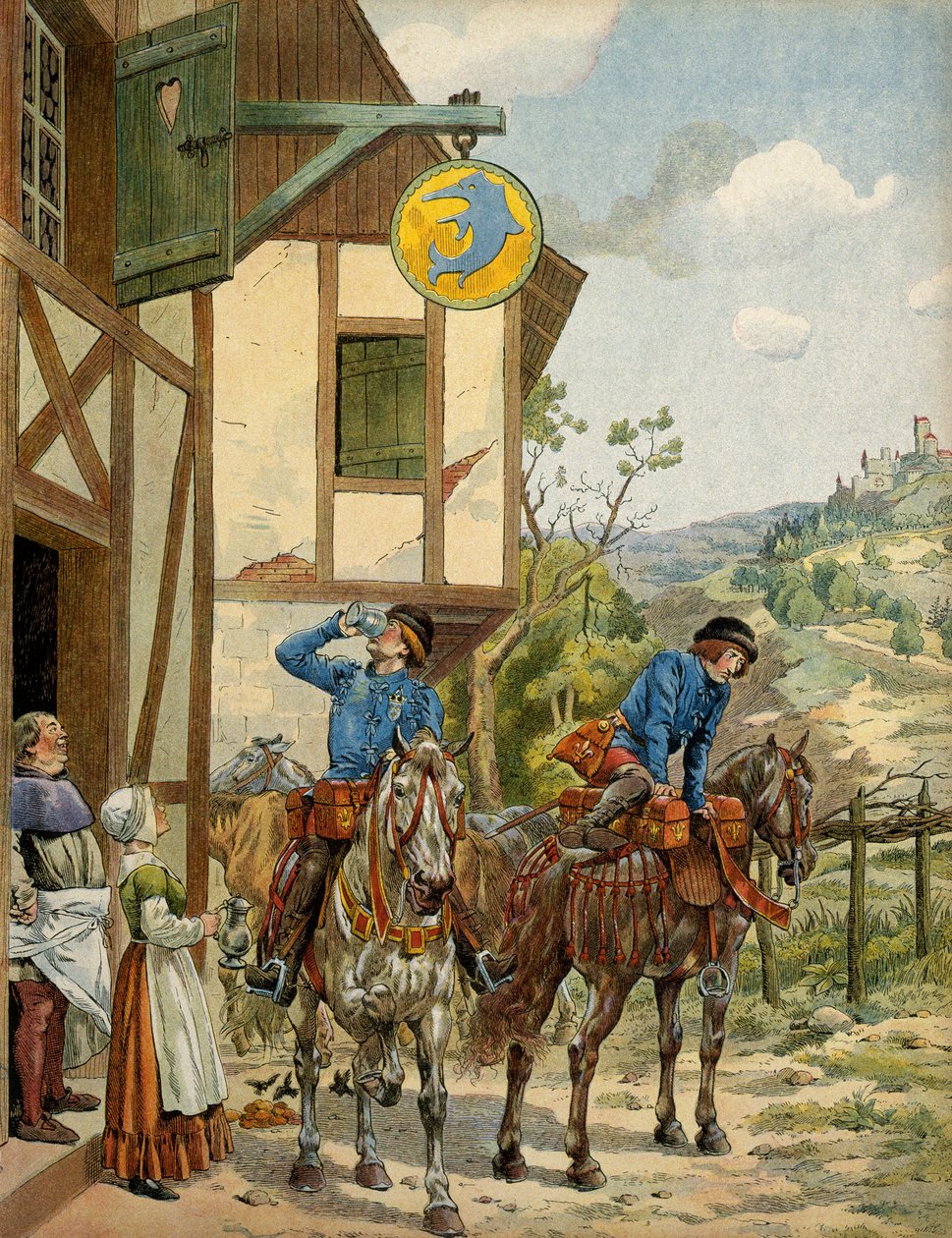 Historie Francie ve středověku (středověk): poštovní služba za vlády krále Ludvíka XI. zvaného Prudent (1423-1483). Horseback Poštovní stanice v hostinci. Ilustrace Jacques Marie Gaston Onfray de Breville dit JOB (1858-1931) od pseudonym for Onfray de Breville Jacques Job