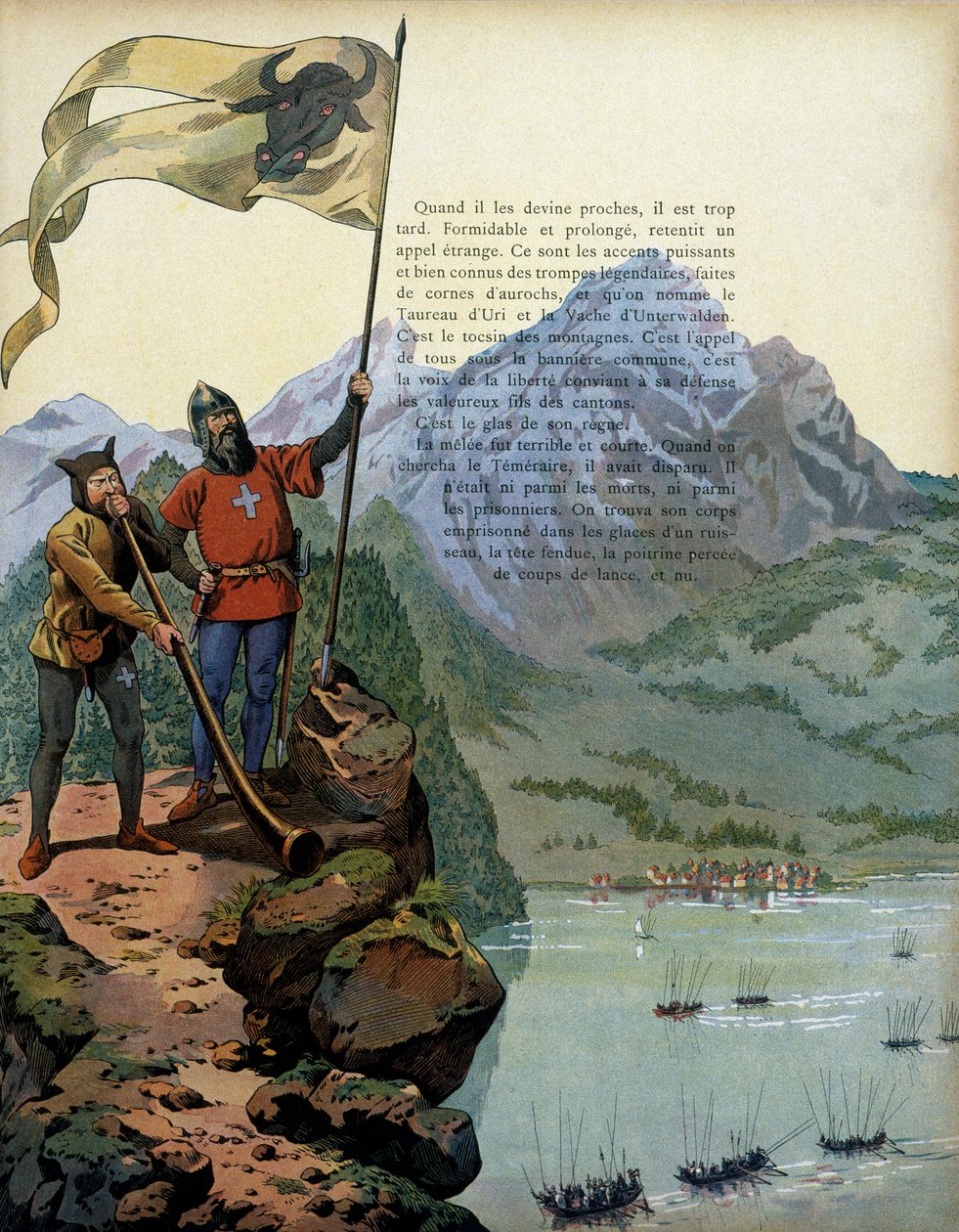 Historie Francie ve středověku: vojska Karla Temeraire (1433-1477), vévody burgundského, vstoupila do země Vaud ve Švýcarsku. Ilustrace Jacques Marie Gaston Onfray de Breville dit JOB (1858-1931) od pseudonym for Onfray de Breville Jacques Job