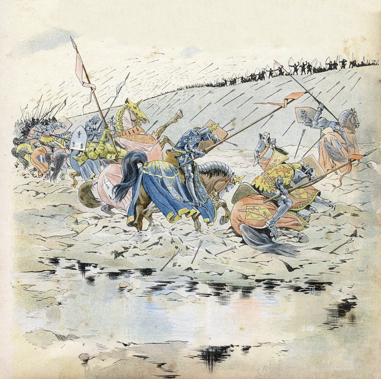 Stoletá válka: “” Bitva u Azincourtu dne 25. 10. 1415””. Francouzská vojska poražena armádou krále Jindřicha V. (1387-1422). ve „Francii, jeho příběh vyprávěl G. Montorgueil, imagee by Job““ 1896. Soukromá sbírka. od pseudonym for Onfray de Breville Jacques Job