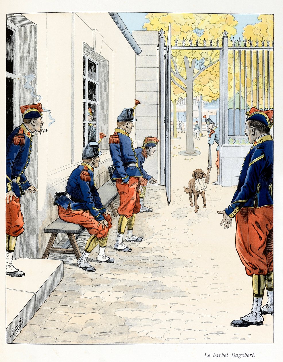 Ilustrace z knihy "A la Glory des Betes"" text od A Fabre, kresby Jacques Marie Gaston Onfray de Breville dit JOB (1858-1931), vydavatel Maison Alfred Mame et fils: The Barbet Dagobert (v kasárnách v Paříži ), Částečný odběr od pseudonym for Onfray de Breville Jacques Job