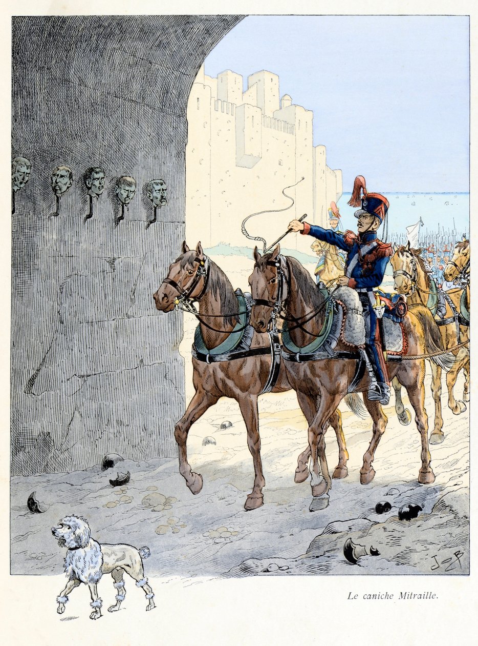 Ilustrace z knihy „A la gloire des betes““ text od A Fabre, kresby Jacques Marie Gaston Onfray de Breville dit JOB (1858-1931), nakladatel Maison Alfred Mame et fils: The Mitraille pudl (prostý pudl ve 2. dělostřelectvu pluku, byl th od pseudonym for Onfray de Breville Jacques Job