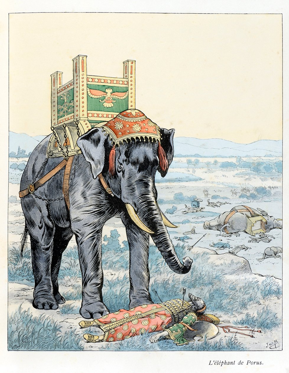 Ilustrace z knihy „A la gloire des betes““, text A Fabre, kresby Jacques Marie Gaston Onfray de Breville dit JOB (1858-1931), nakladatel Maison Alfred Mame et fils: Slon z Porus (v bitvě u Hydaspe v roce 328 př. Porus poražen o od pseudonym for Onfray de Breville Jacques Job
