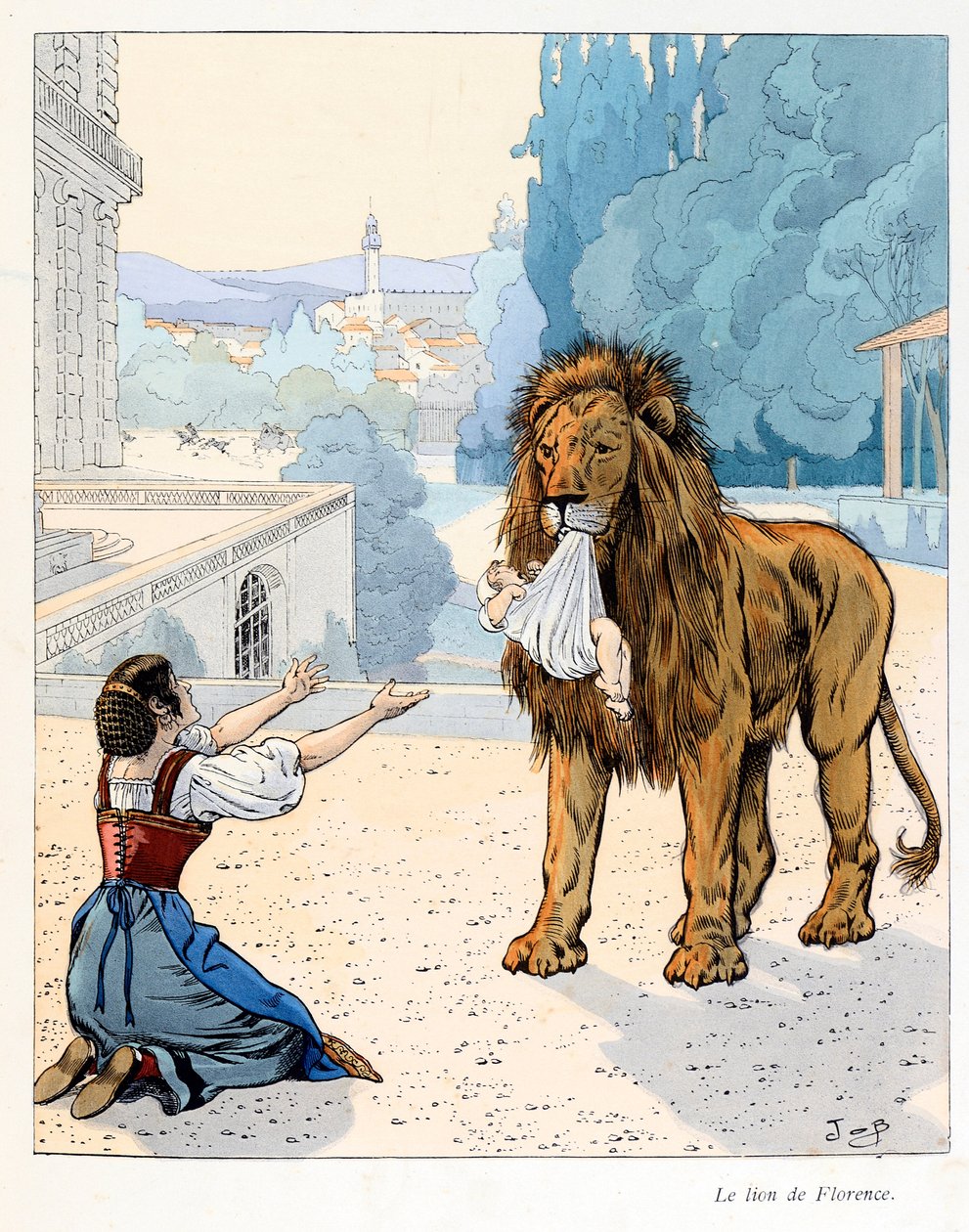 Ilustrace z knihy „A la gloire des betes““, text A Fabre, kresby Jacques Marie Gaston Onfray de Breville dit JOB (1858-1931), nakladatel Maison Alfred Mame a syn: Lev z Florencie (útěk ze zvěřince velkovévoda z Florence od pseudonym for Onfray de Breville Jacques Job