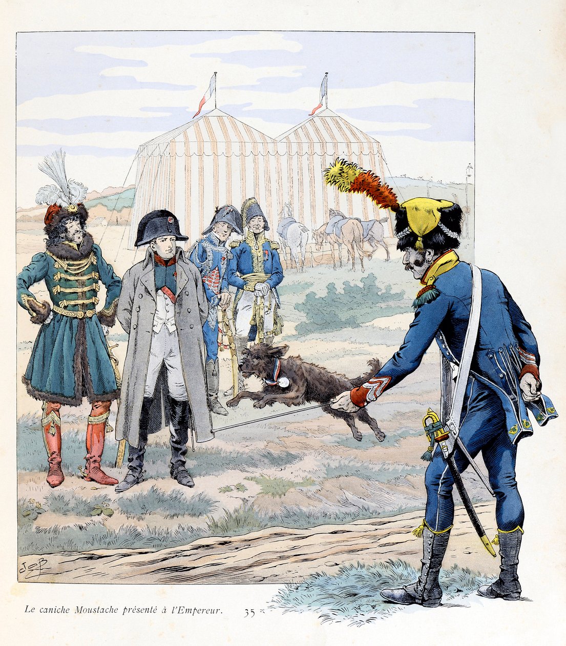 Ilustrace z knihy „A la gloire des betes““ text od A Fabre, kresby Jacques Marie Gaston Onfray de Breville dit JOB (1858-1931), nakladatel Maison Alfred Mame et fils: The Moustache pudel prezentovaný císaři (Napoleon I. ) (uložil vlajku od pseudonym for Onfray de Breville Jacques Job