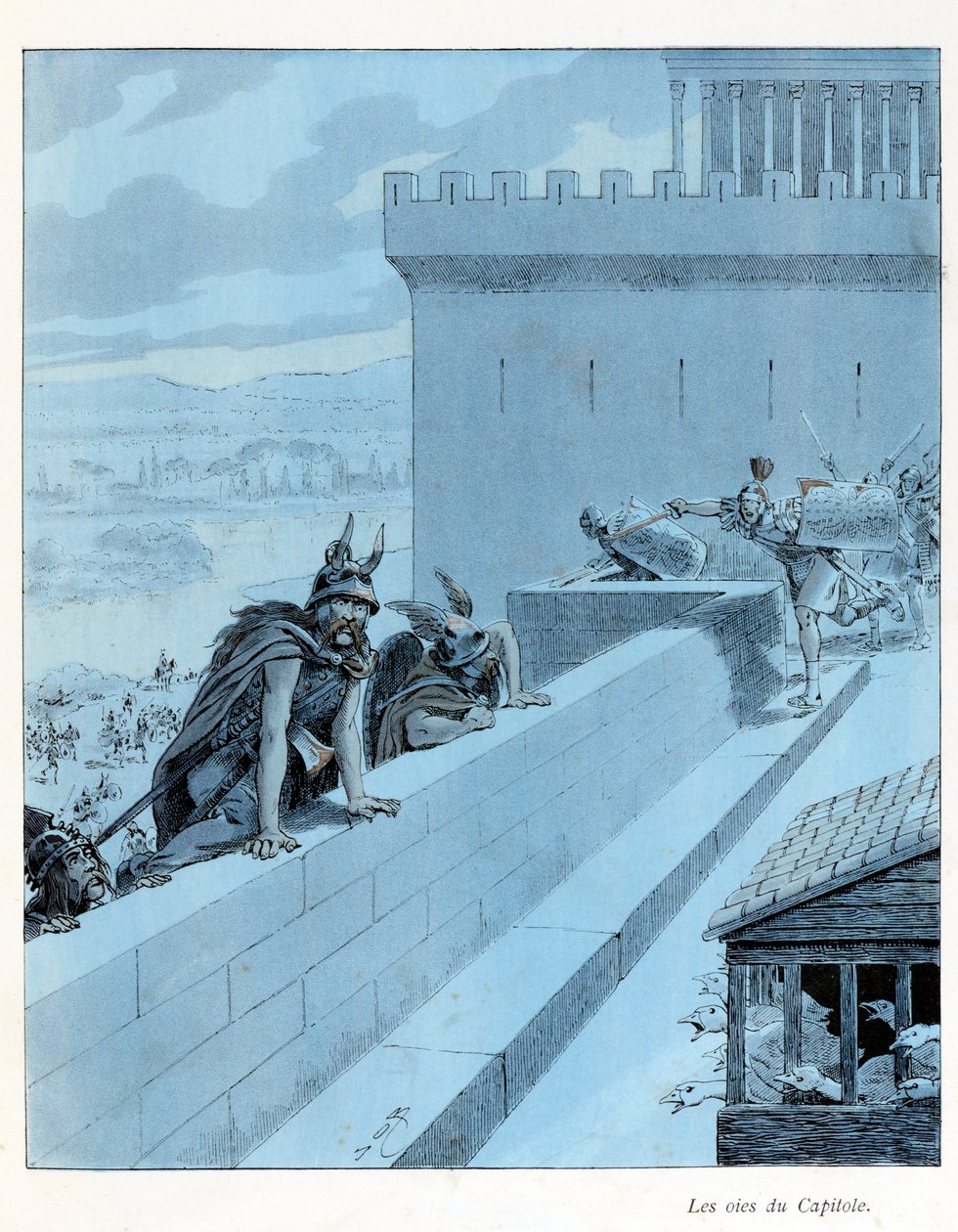 Ilustrace z knihy „A la Glory des Betes““, text A Fabre, kresby Jacques Marie Gaston Onfray de Breville dit JOB (1858-1931), editor Maison Alfred Mame et fils: Les goies du Capitole (890 př. n. l.), les Galové obležení Řím, částečná sbírka od pseudonym for Onfray de Breville Jacques Job