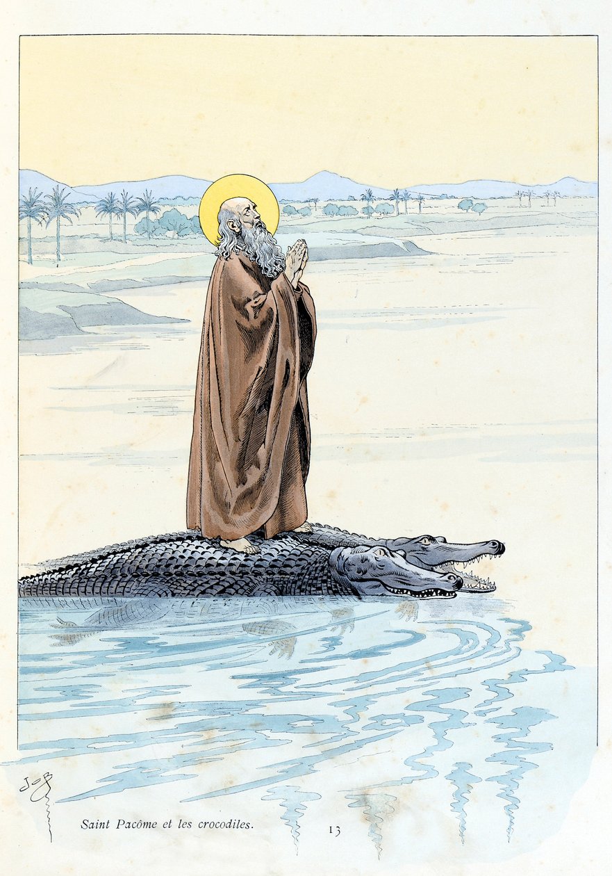 Ilustrace z knihy „A la Glory des Betes““, text A Fabre, kresby Jacques Marie Gaston Onfray de Breville dit JOB (1858-1931), editor Maison Alfred Mame et fils: Saint Pacome (abbe 292-348) a Krokodýli, soukromá sbírka od pseudonym for Onfray de Breville Jacques Job