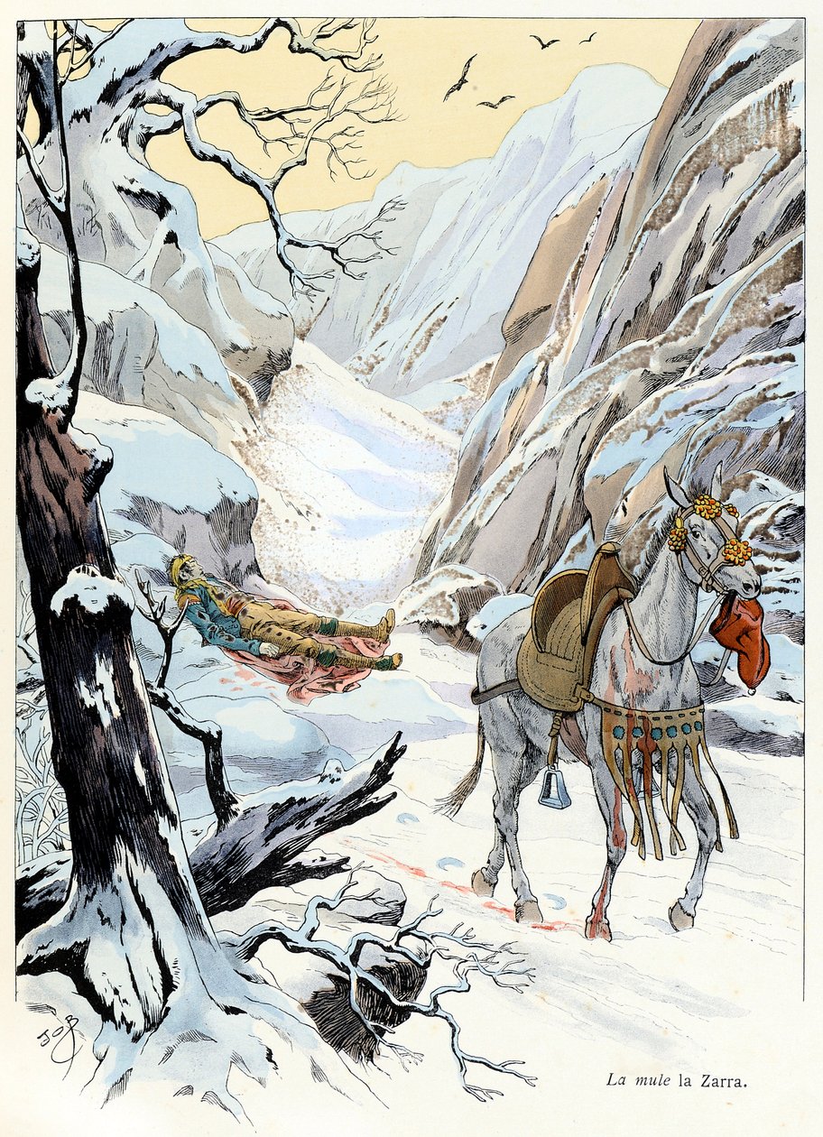 Ilustrace z knihy “A la Glory des Betes”” text od A Fabre, kresby Jacques Marie Gaston Onfray de Breville dit JOB (1858-1931), nakladatel Maison Alfred Mame a syn: La mule 