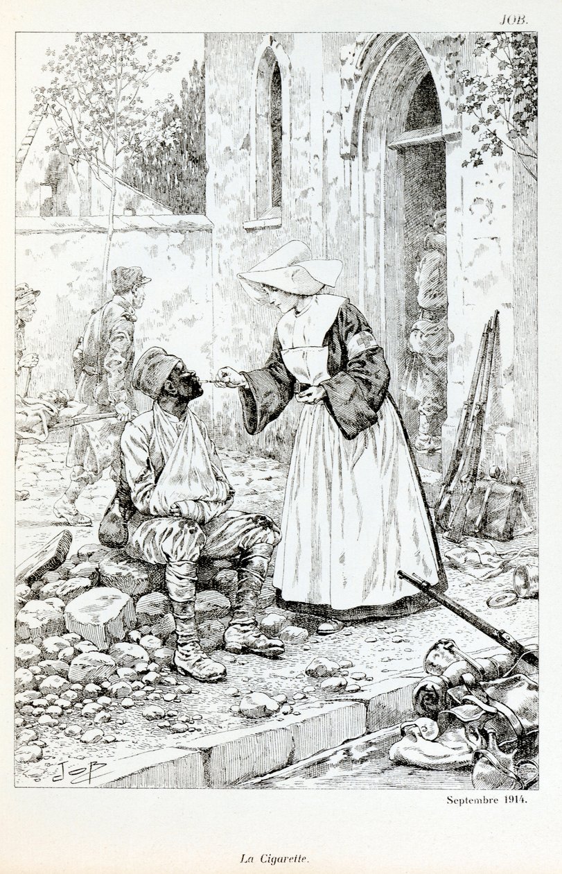 Ilustrace z knihy “La Grande Guerre par les artistes””: “” La cigarette Septembre 1914””” věřící dávající cigaretu zraněnému vojákovi od Jacquese Marie Gaston Onfray de Breville dit JOB (1858-1931), Částečná sbírka od pseudonym for Onfray de Breville Jacques Job