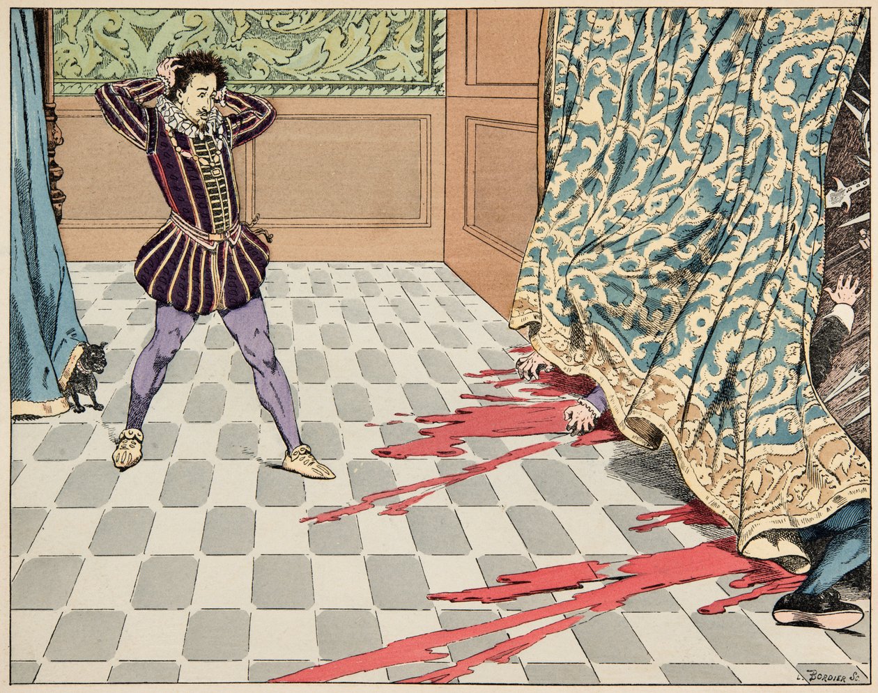 Ilustrace z knihy „Le bon roy Henri“, kterou ilustroval Jacques Marie Gaston Onfray de Breville dit JOB (1858-1931): V den svatého Bartoloměje jsou jeho dva přátelé, Segur a La Rochefoucauld, egorges před jeho očima - Soukromá sbírka od pseudonym for Onfray de Breville Jacques Job