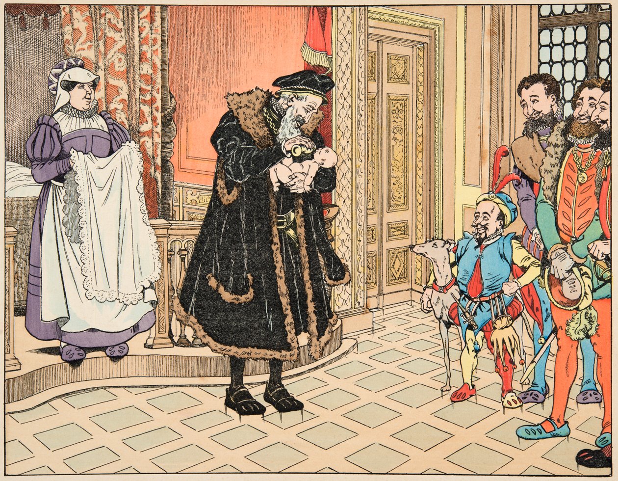 Ilustrace z knihy „Le bon roy Henri“, kterou ilustroval Jacques Marie Gaston Onfray de Breville dit JOB (1858-1931): Narození Jindřicha IV., jeho dědeček Henri d