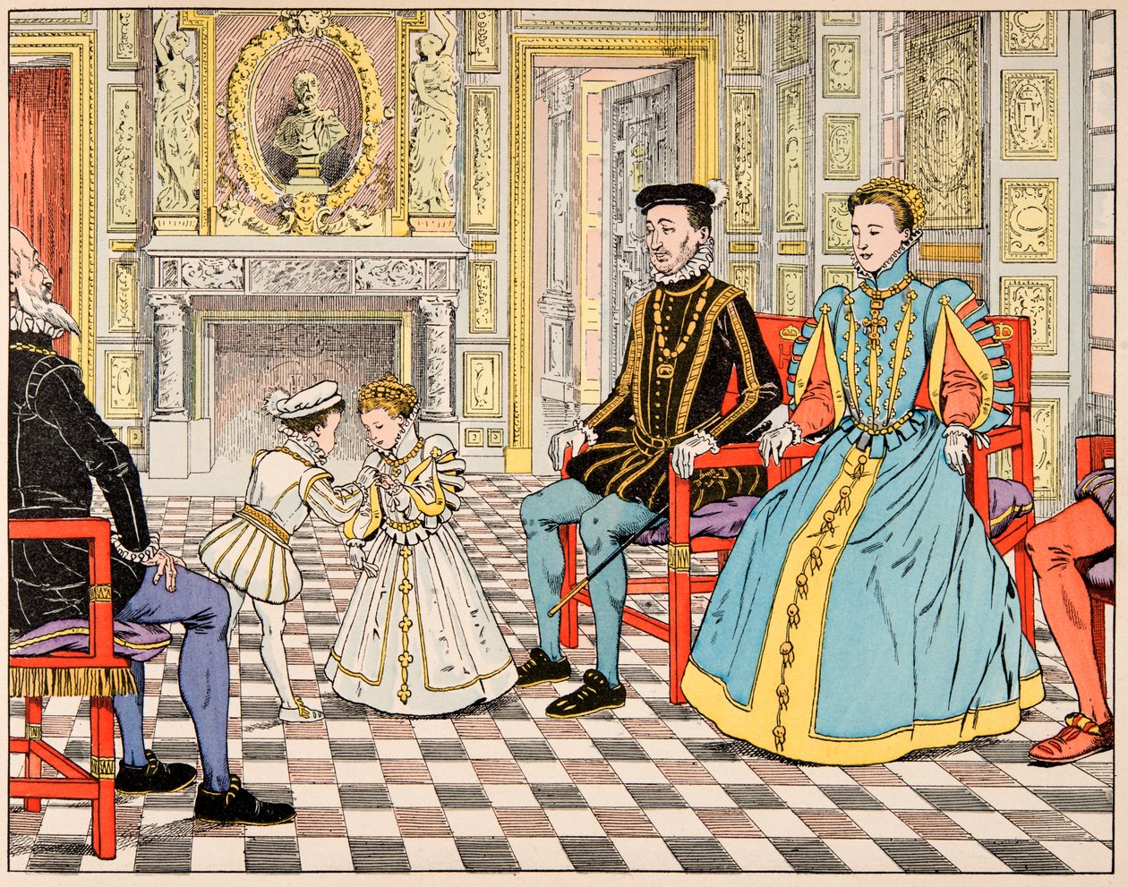 Ilustrace z knihy „Le bon roy Henri“, kterou ilustroval Jacques Marie Gaston Onfray de Breville dit JOB (1858-1931): Antoine de Bourbon ho vzal do Paříže a daroval ho svému bratranci Henrimu II., který mu nabídl ruku svého dcera Marguerite de od pseudonym for Onfray de Breville Jacques Job