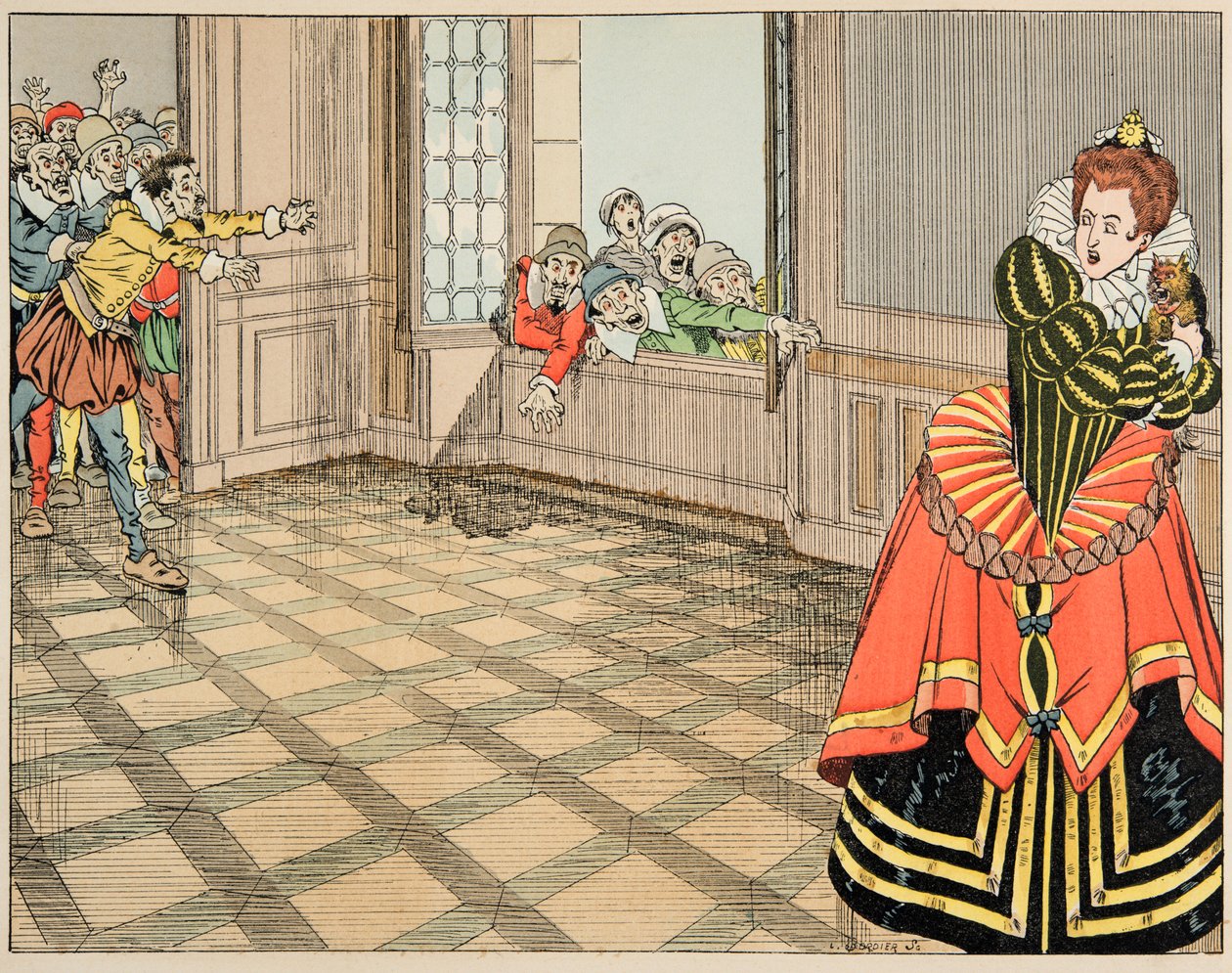 Ilustrace z knihy „Le bon roy Henri“, kterou ilustroval Jacques Marie Gaston Onfray de Breville dit JOB (1858-1931): Vévodkyně z Montpensier (Catherine de Lorraine od pseudonym for Onfray de Breville Jacques Job