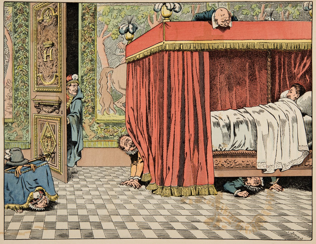 Ilustrace z knihy „Le bon roy Henri“, kterou ilustroval Jacques Marie Gaston Onfray de Breville dit JOB (1858-1931): Henri IV žijící v Paříži pod dohledem špiónů - Soukromá sbírka od pseudonym for Onfray de Breville Jacques Job