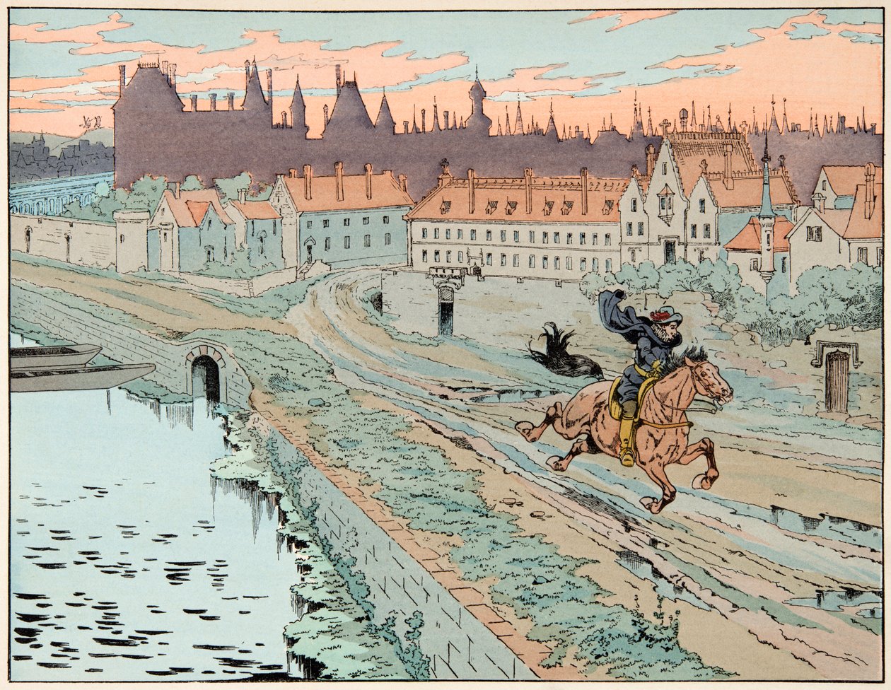 Ilustrace převzatá z knihy „Le bon roy Henri““, ilustrovaná Jacquesem Marie Gaston Onfray de Breville dit JOB (1858-1931): V roce 1575 Henri IV uprchl z Paříže – soukromá sbírka od pseudonym for Onfray de Breville Jacques Job