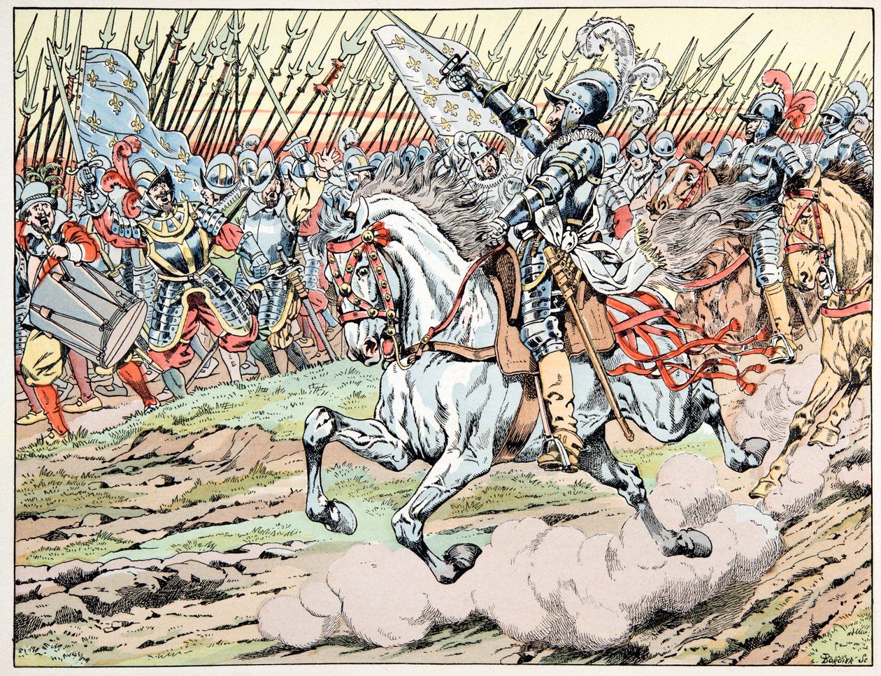 Ilustrace převzatá z knihy „“Le bon roy Henri””, ilustrovaná Jacquesem Marie Gastonem Onfray de Breville dit JOB (1858-1931): Henri IV před svou armádou: Následuj mon plume blanc - Soukromá sbírka od pseudonym for Onfray de Breville Jacques Job