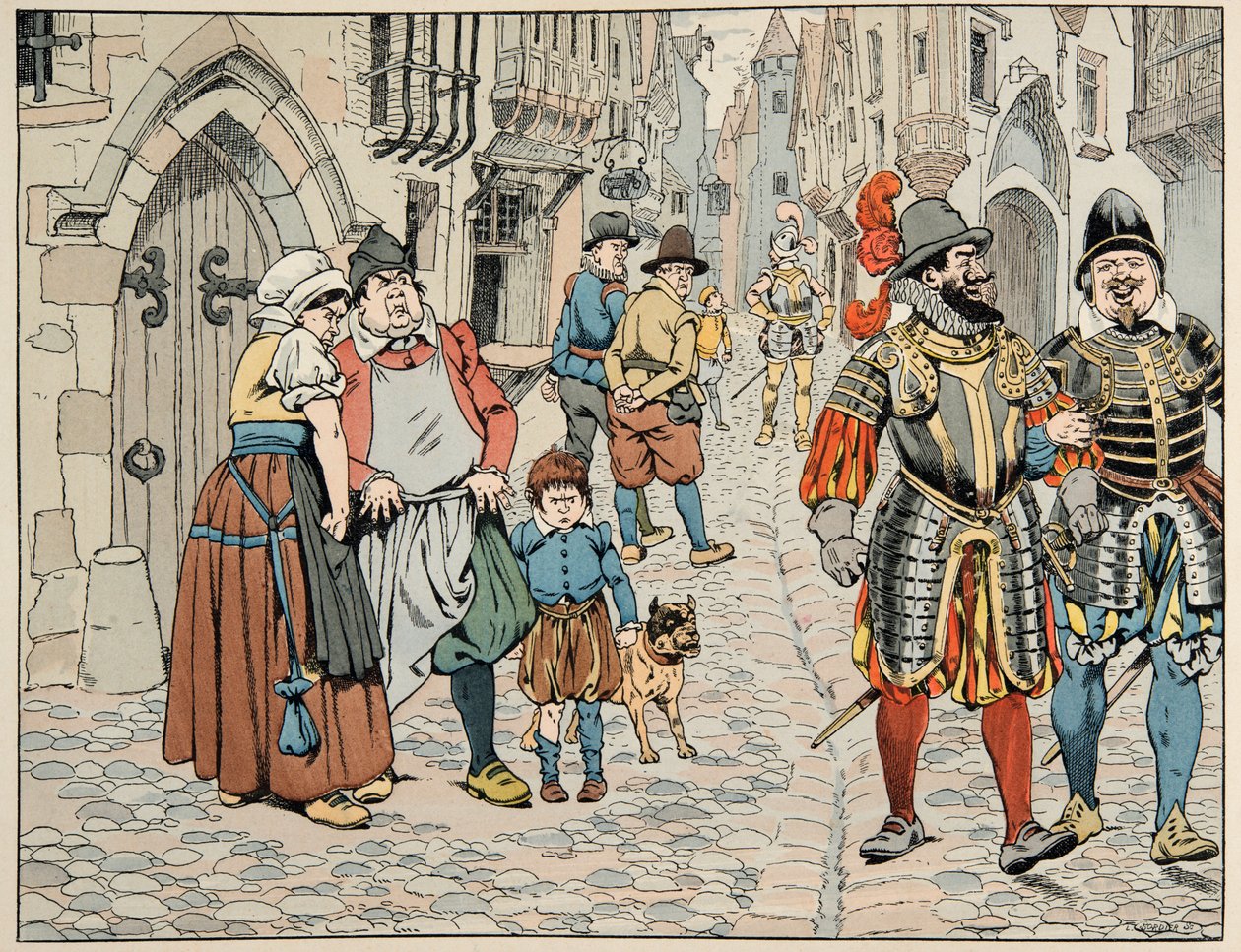 Ilustrace převzatá z knihy „“Le bon roy Henri””, ilustrovaná Jacquesem Marie Gaston Onfray de Breville dit JOB (1858-1931): Pařížané vidí špatným okem cizí jednotky, které jim přicházejí na pomoc - Soukromá sbírka od pseudonym for Onfray de Breville Jacques Job