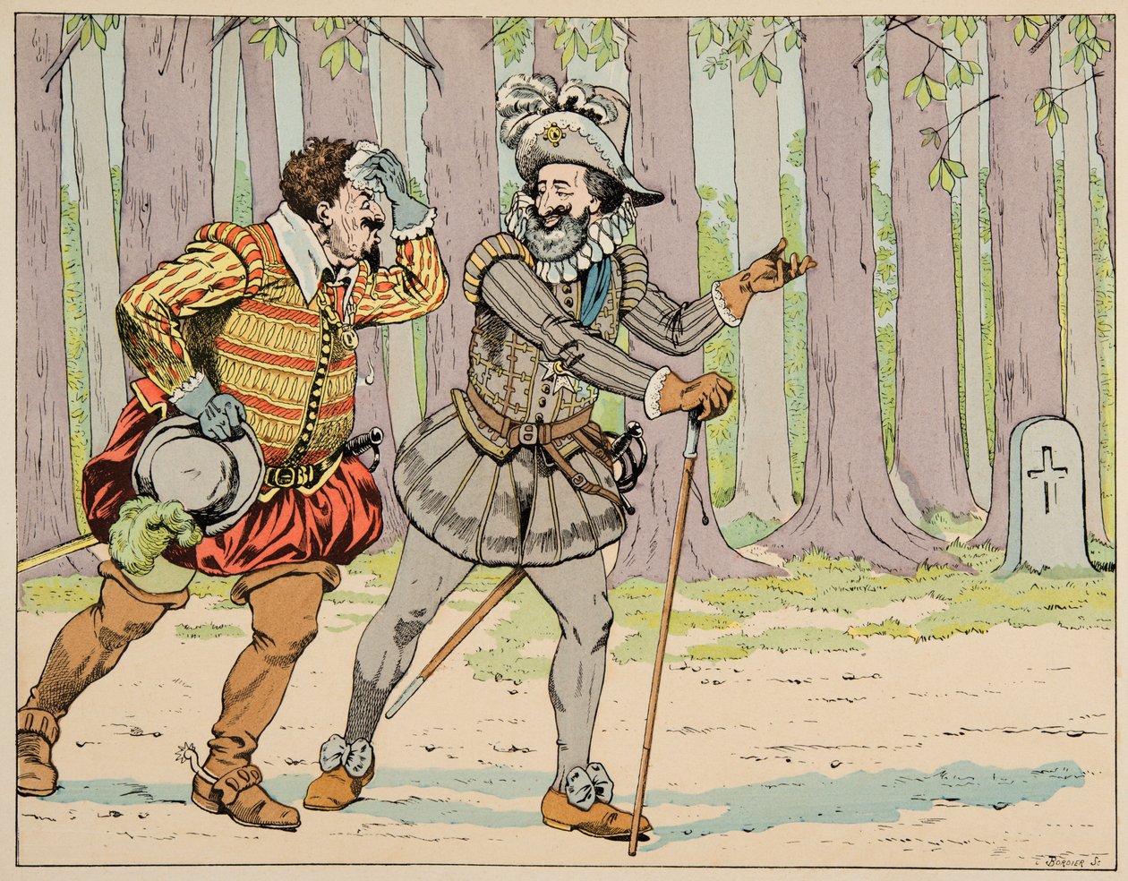 Ilustrace převzatá z knihy „Le bon roy Henri“, ilustrovaná Jacquesem Marie Gaston Onfray de Breville dit JOB (1858-1931): Henri IV uděluje milost Charlesi de Lorraine (1554-1611) vévodovi z Mayenne poté, co ho donutil na trochu cvičení - Priva od pseudonym for Onfray de Breville Jacques Job