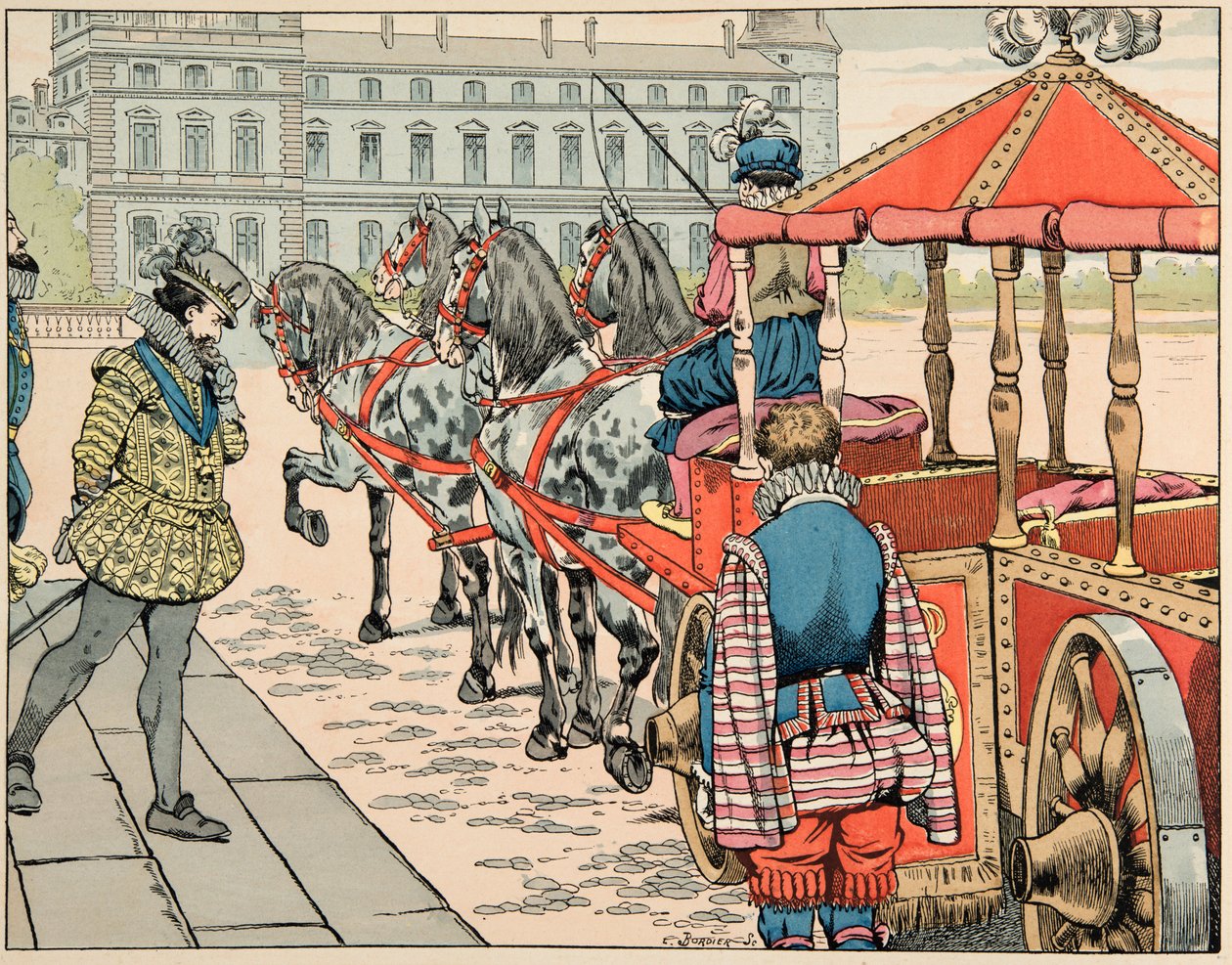 Ilustrace převzatá z knihy „Le bon roy Henri““, kterou ilustroval Jacques Marie Gaston Onfray de Breville dit JOB (1858-1931): Dne 14. května 1610 se Jindřich IV. uchýlil k jízdě ve svém nekrytém kočáru – Soukromá sbírka od pseudonym for Onfray de Breville Jacques Job