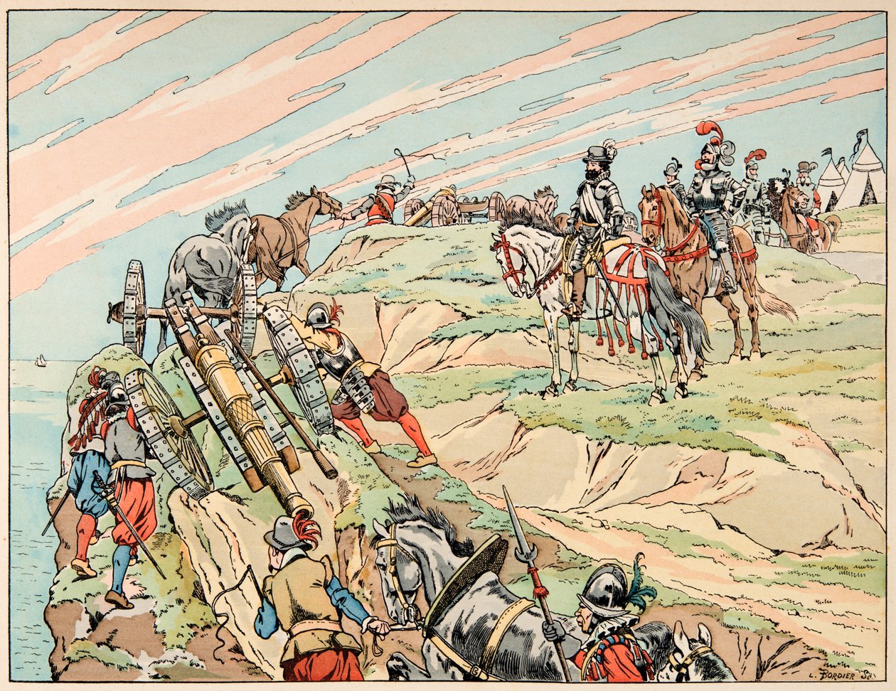 Ilustrace převzatá z knihy “”Le bon roy Henri””, ilustrovaná Jacquesem Marie Gaston Onfray de Breville dit JOB (1858-1931): Henri IV za války založil svůj tábor poblíž Dieppe se svým dělostřelectvem - Soukromá sbírka od pseudonym for Onfray de Breville Jacques Job