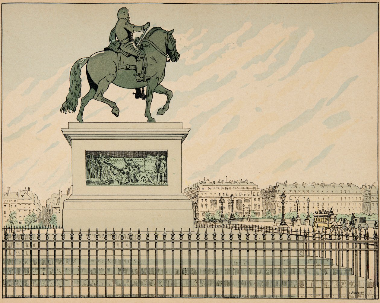 Ilustrace převzatá z knihy „Le bon roy Henri“, ilustrovaná Jacquesem Marie Gastonem Onfray de Breville dit JOB (1858-1931): Socha erige na památku Jindřicha IV. – Soukromá sbírka od pseudonym for Onfray de Breville Jacques Job