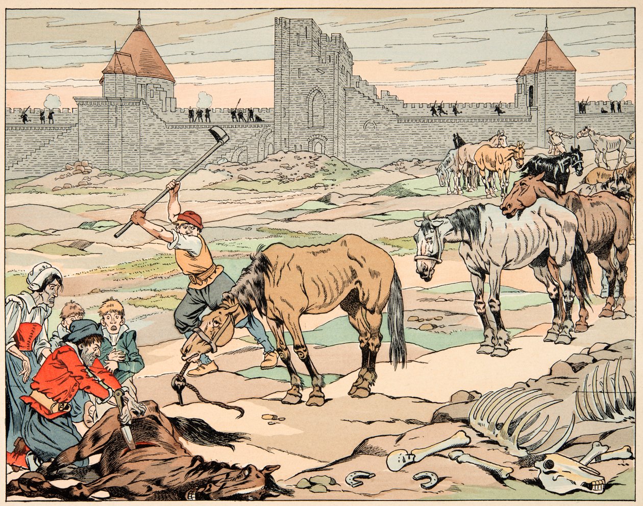 Ilustrace převzatá z knihy „Le bon roy Henri““, kterou ilustroval Jacques Marie Gaston Onfray de Breville dit JOB (1858-1931): Pařížané hladoví porážejí své koně – soukromá sbírka od pseudonym for Onfray de Breville Jacques Job